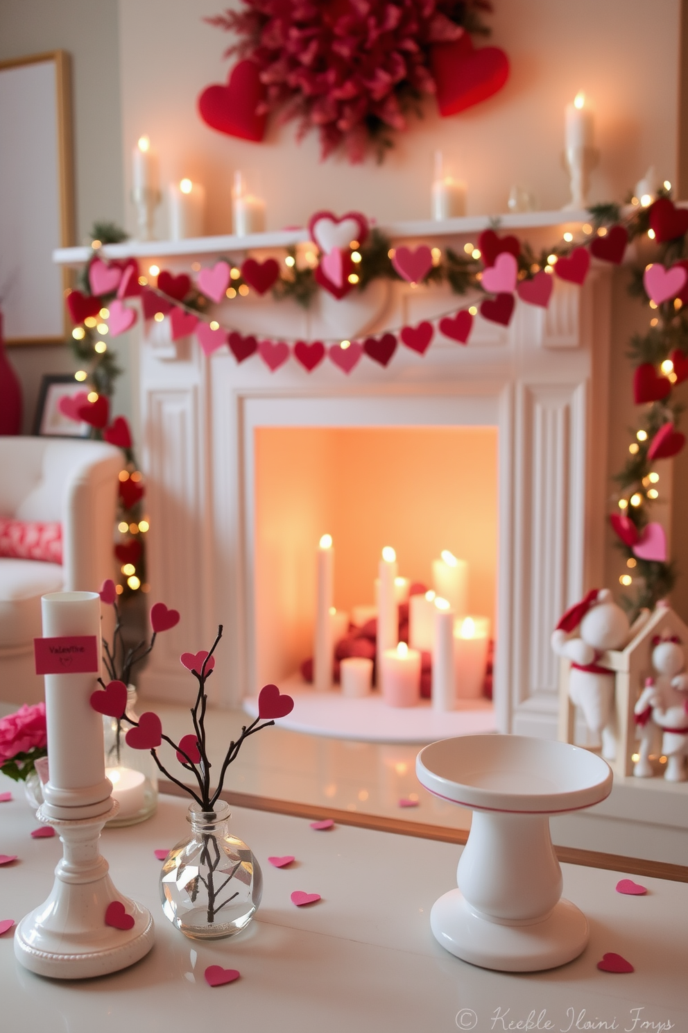 Miniature love notes are creatively tucked into various decor elements throughout the room, adding a personal and romantic touch. The fireplace is adorned with heart-shaped garlands and soft candlelight, creating a warm and inviting atmosphere for Valentine's Day celebrations.