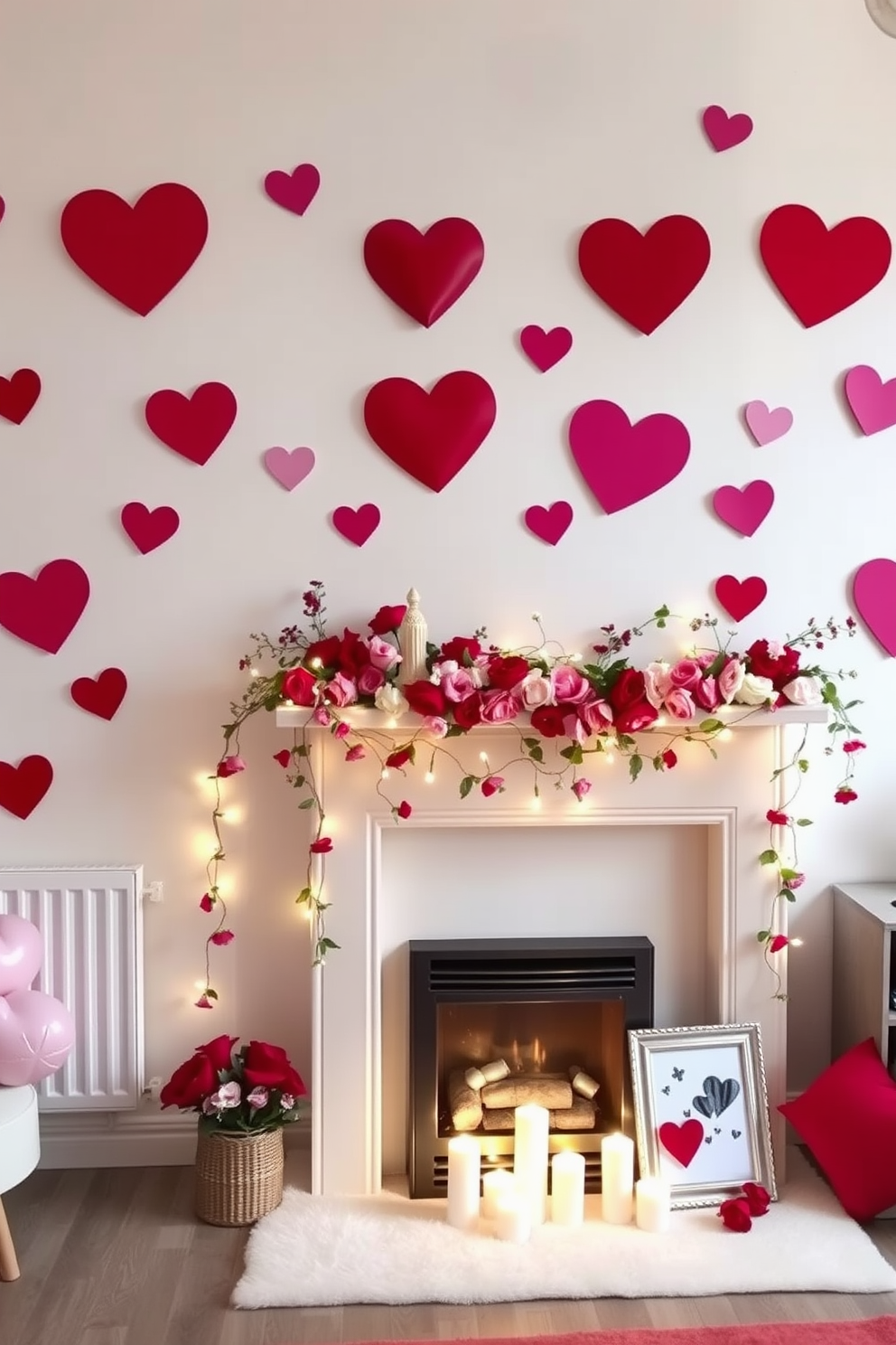 Create a whimsical scene featuring heart-shaped wall decals in various shades of pink and red. The decals are playfully arranged on a soft white wall, adding a touch of romance and cheer. In the center of the room, a cozy fireplace is adorned with garlands of fresh flowers and twinkling fairy lights. The mantle is decorated with framed photos and candles, creating a warm and inviting atmosphere for Valentine's Day celebrations.