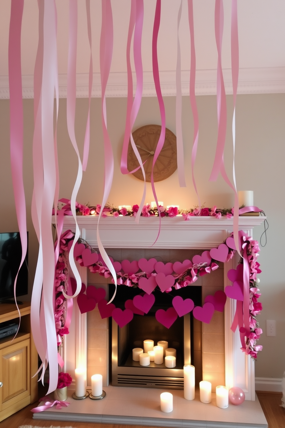 Hanging ribbon streamers in soft colors create a whimsical atmosphere in the room. The streamers cascade gracefully from the ceiling, complementing the overall festive decor. A cozy fireplace adorned with heart-shaped garlands sets the perfect backdrop for a romantic Valentine's Day setting. Soft candlelight flickers around the fireplace, enhancing the warm and inviting ambiance.