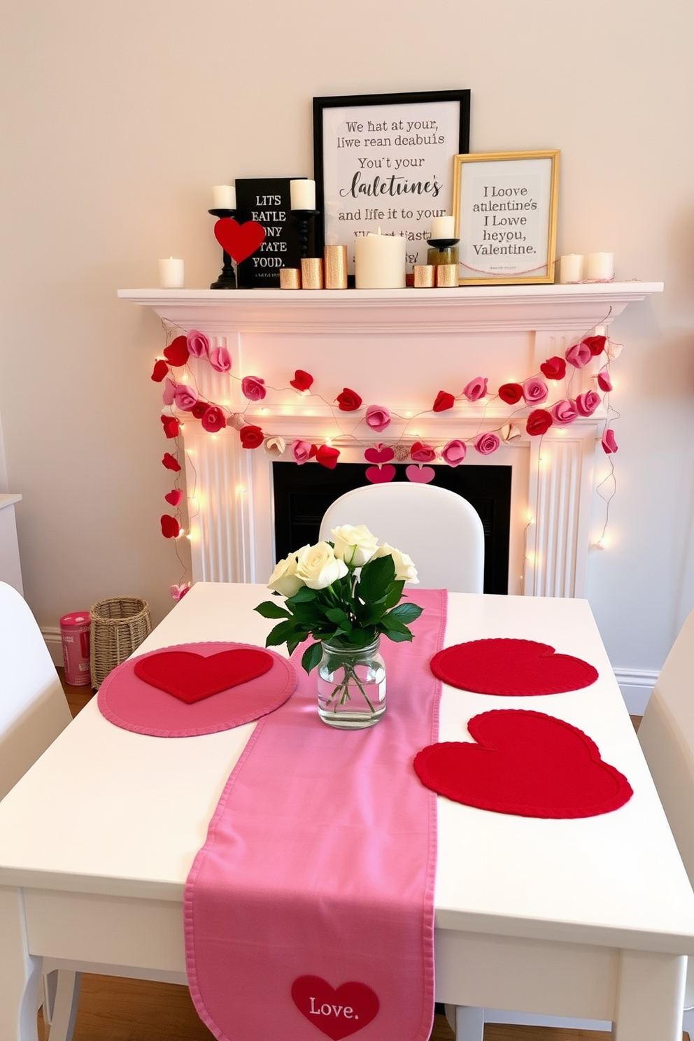 A cozy living room setting adorned for Valentine's Day. A stylish fireplace is the focal point, surrounded by decorative bowls filled with seasonal candies in vibrant colors.