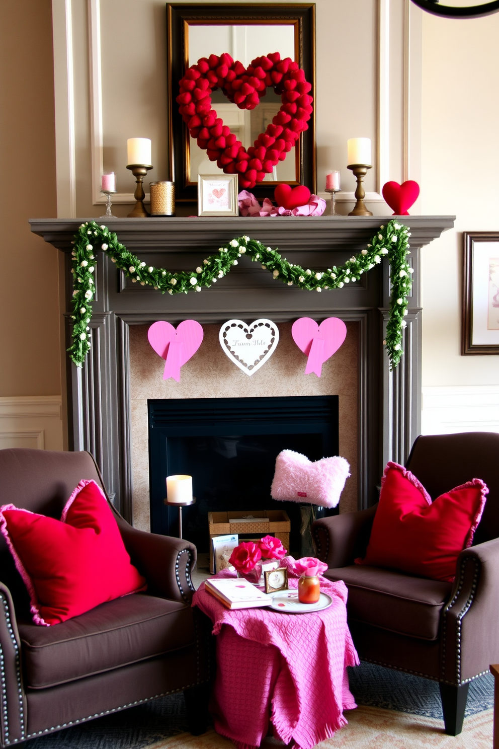 A cozy living room setting featuring chairs adorned with red and pink throw pillows. A beautifully styled fireplace serves as the focal point, decorated with romantic Valentine's Day accents.