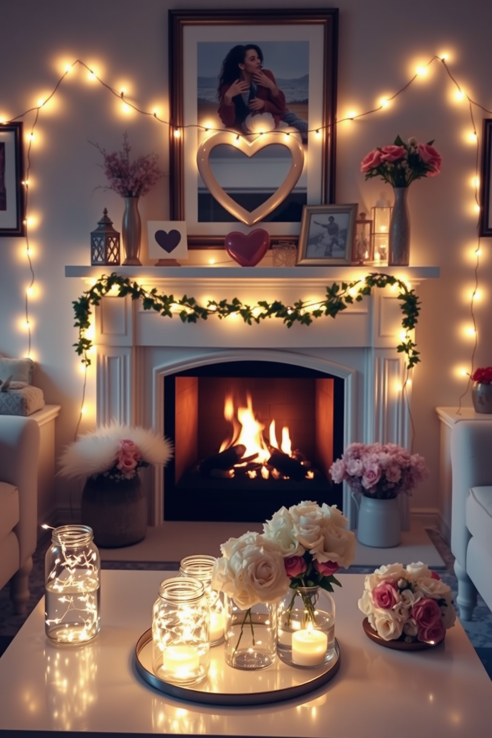 A cozy living room setting adorned with soft lighting created by fairy lights placed in glass jars. The warm glow enhances the romantic atmosphere, perfect for a Valentine's Day celebration. A beautiful fireplace serves as the focal point, surrounded by tasteful decorations that evoke love and warmth. Heart-shaped accents and elegant floral arrangements complement the inviting ambiance.