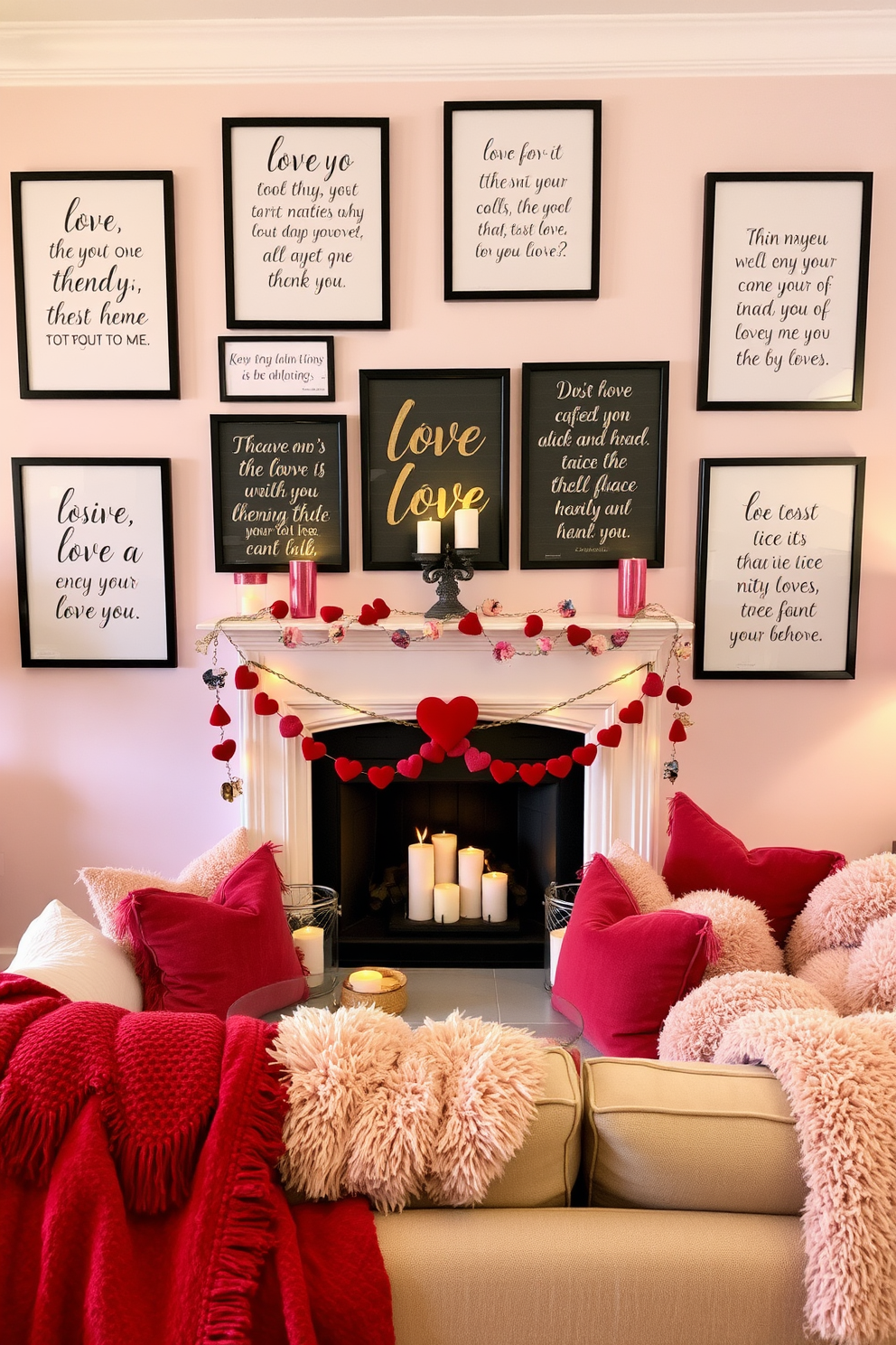 A cozy living room setting adorned with framed love quotes in stylish black and gold frames. The quotes are artistically arranged on a soft pastel wall, creating an inviting and romantic atmosphere. In the center of the room, a charming fireplace is decorated with heart-shaped garlands and flickering candles. Plush throws and decorative pillows in shades of red and pink are scattered on a comfortable sofa, enhancing the Valentine's Day theme.