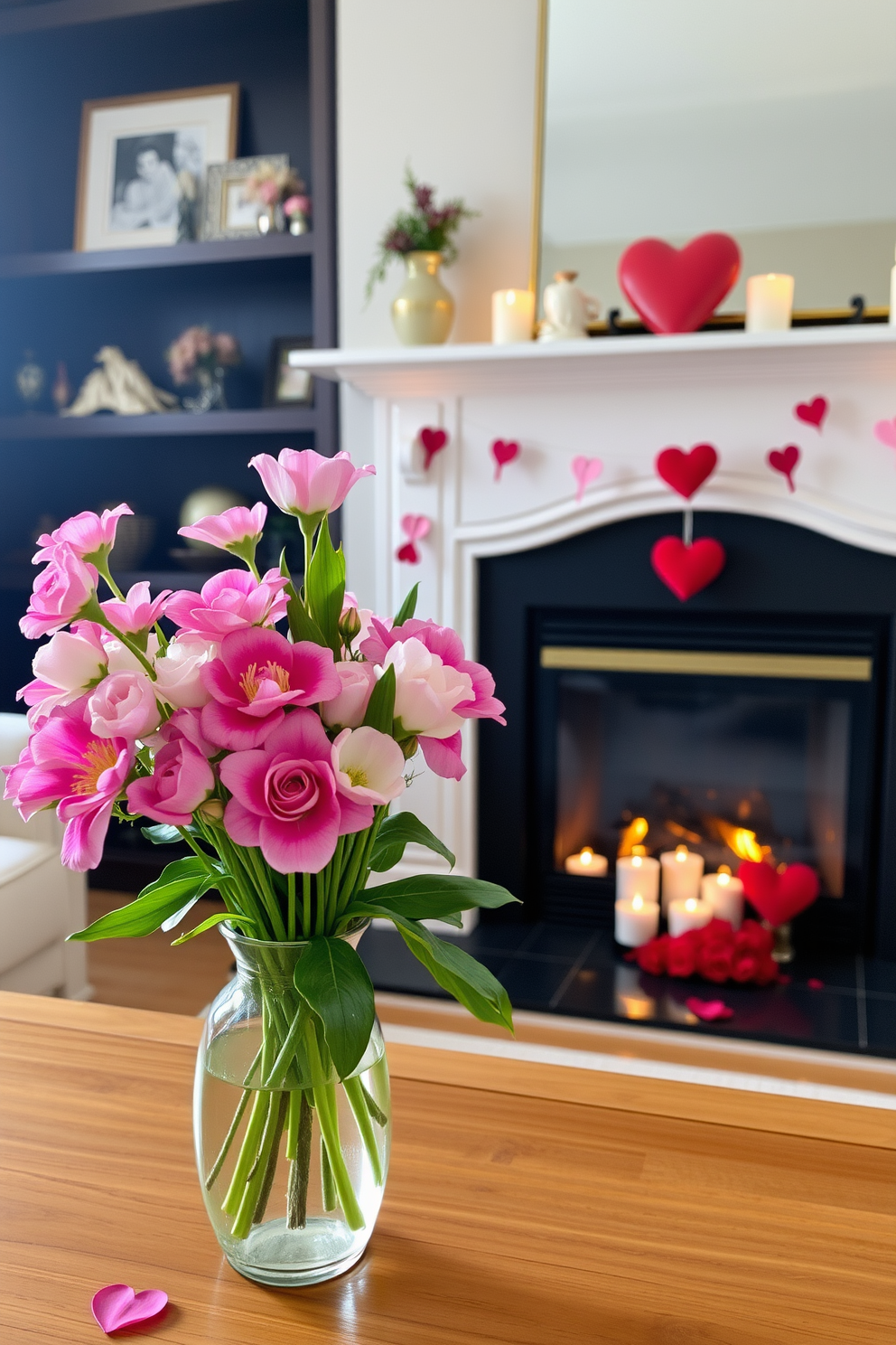 A cozy living room setting adorned for Valentine's Day. The mantel shelf is decorated with a collection of hanging hearts in various sizes and shades of red and pink, creating a romantic atmosphere. Below the mantel, a warm fireplace crackles softly, its glow enhancing the festive decor. Plush cushions and a soft throw blanket in coordinating colors are arranged on the nearby sofa, inviting relaxation and warmth.