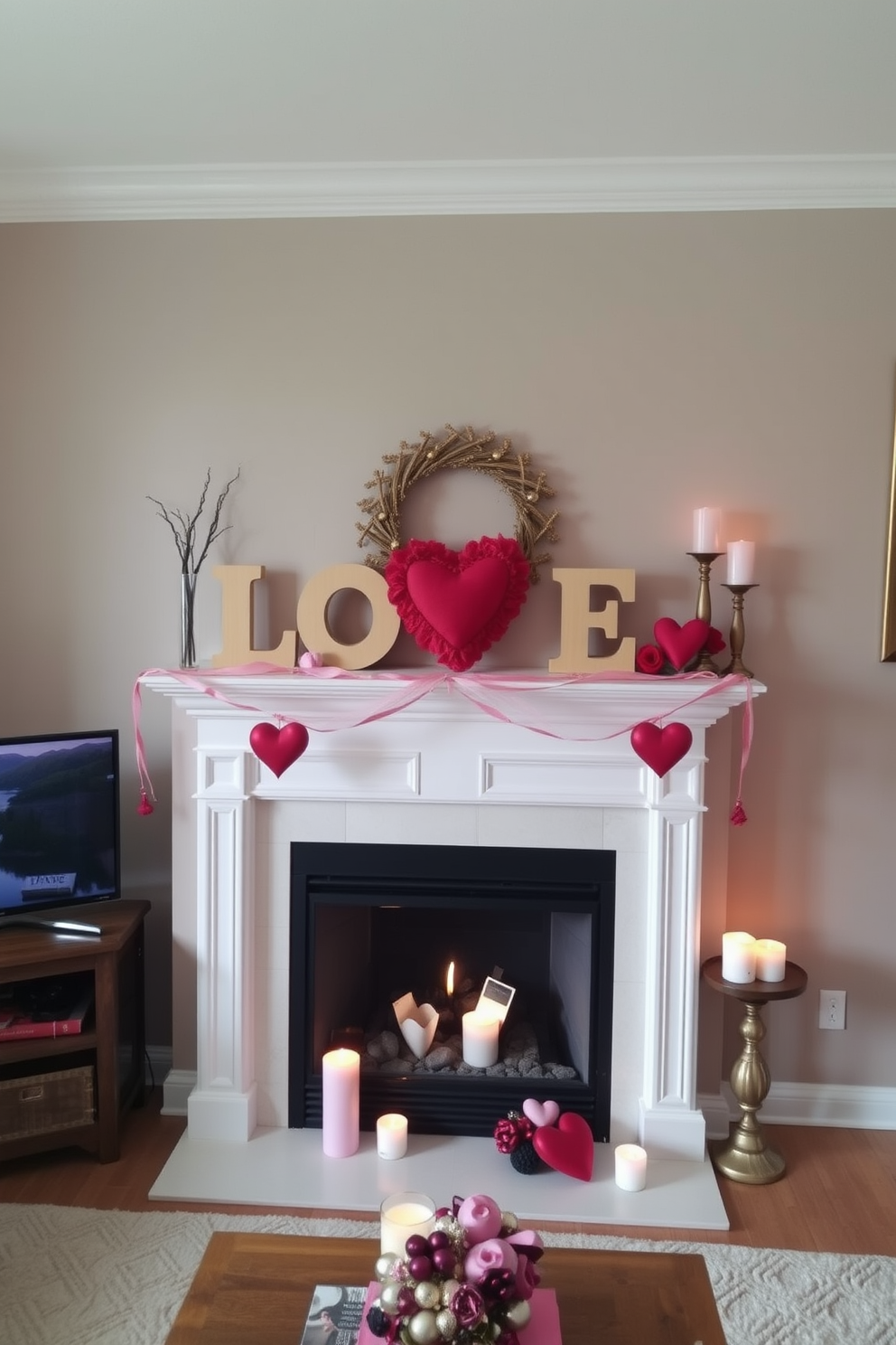 A cozy living room setting featuring a mantel adorned with wooden letters that spell love. The fireplace is elegantly decorated for Valentine's Day with soft pink and red accents, including heart-shaped ornaments and flickering candles.