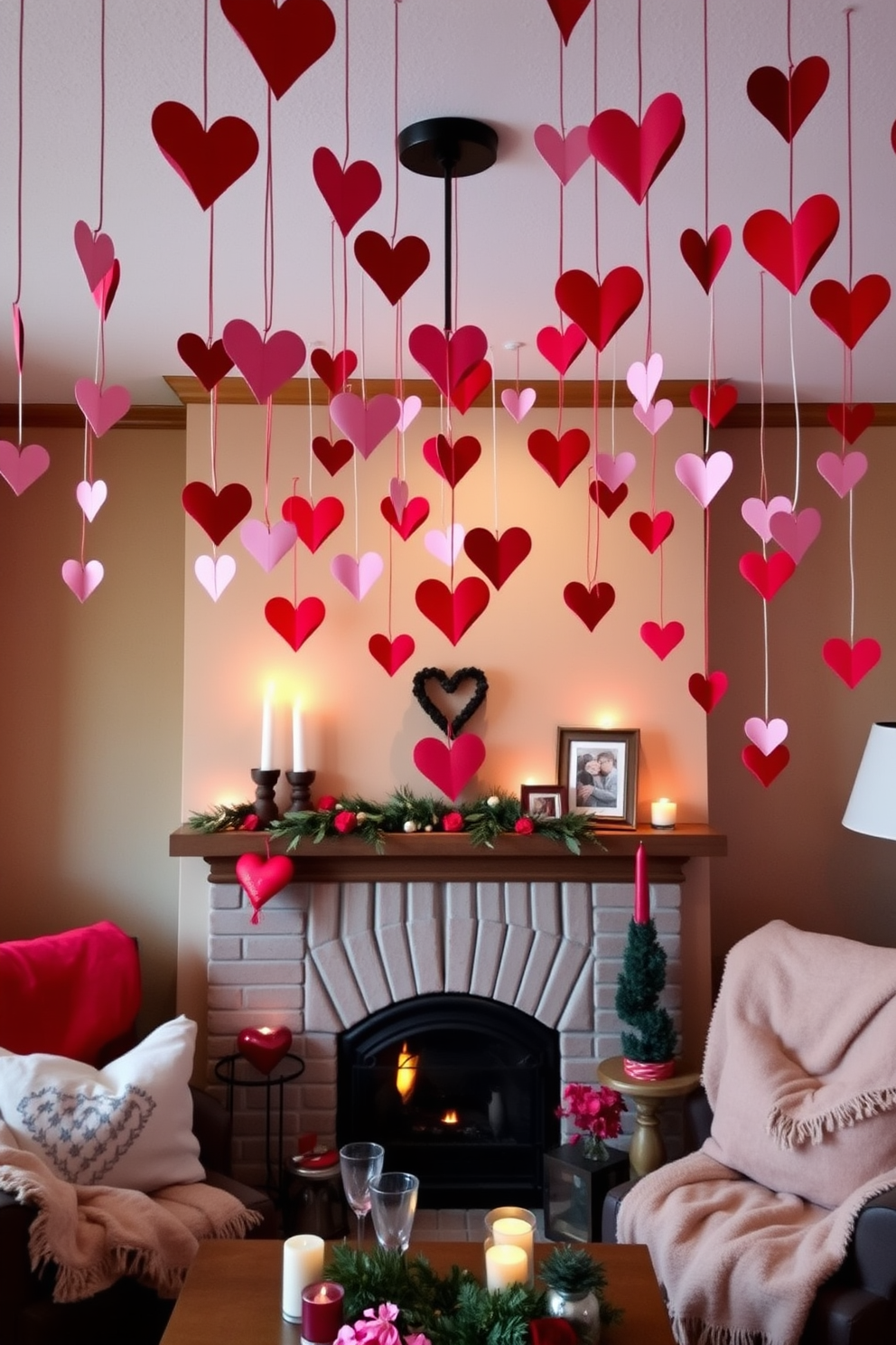 Create a cozy living room setting for Valentine's Day. The ceiling is adorned with an array of hanging paper hearts in various shades of red and pink, gently swaying with the breeze. A charming fireplace serves as the focal point of the room, surrounded by flickering candles and soft blankets. The mantle is decorated with romantic accents, including framed photos and seasonal greenery.