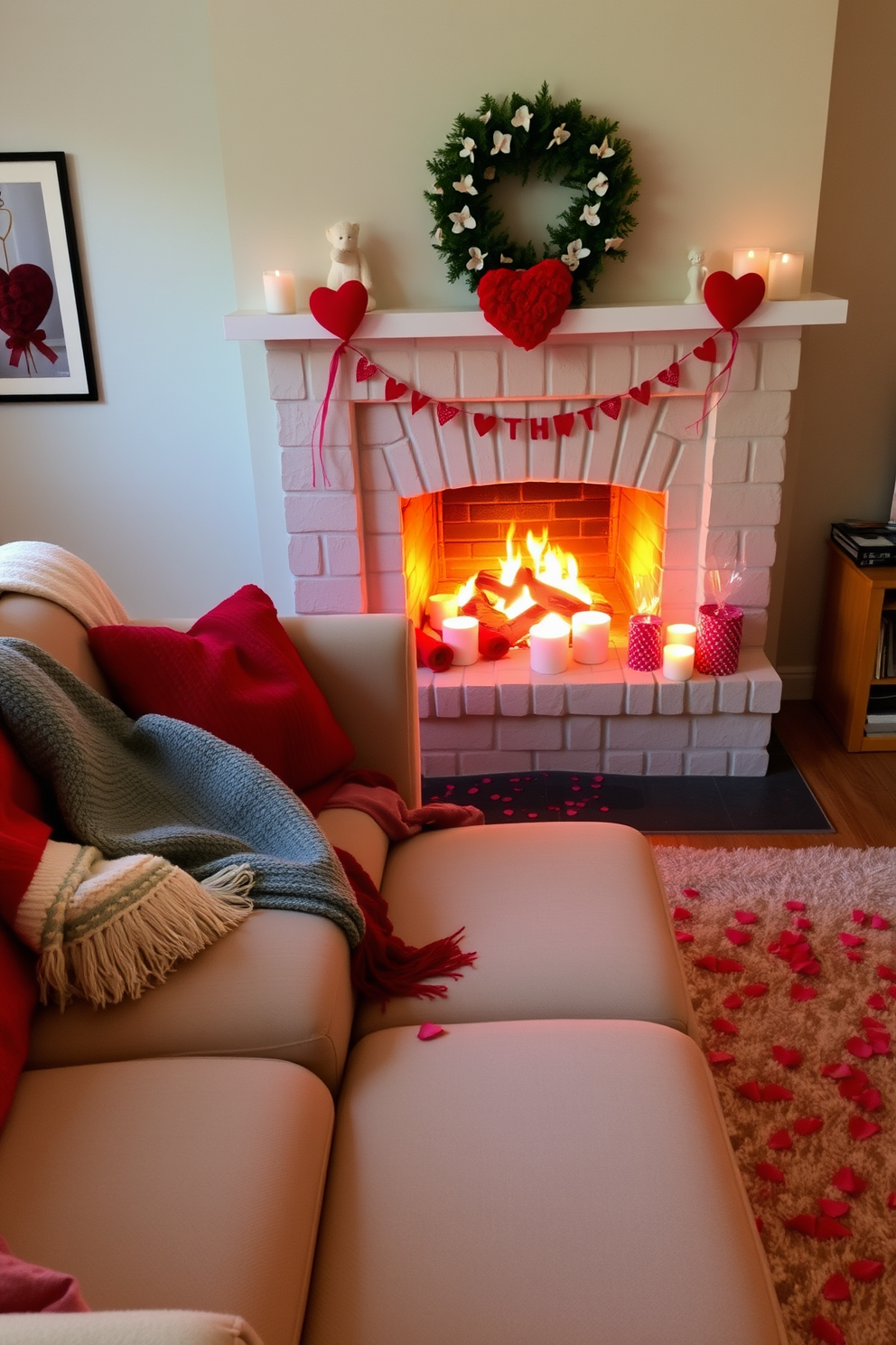 A cozy living room setting featuring a plush sofa adorned with colorful blankets draped casually over the cushions. In front of the sofa, a warm fireplace crackles softly, surrounded by romantic decorations for Valentine's Day, including heart-shaped candles and soft rose petals scattered on the mantel.