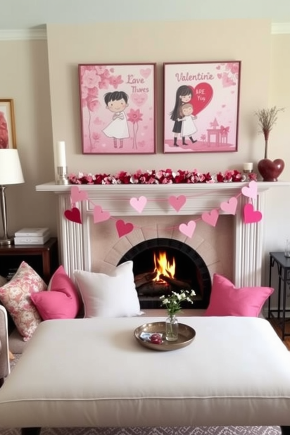 A charming fireplace mantle adorned with Valentine themed figurines in various shapes and colors. Heart-shaped decorations and cute Cupid figures are playfully arranged alongside soft pink and red accents for a festive touch.