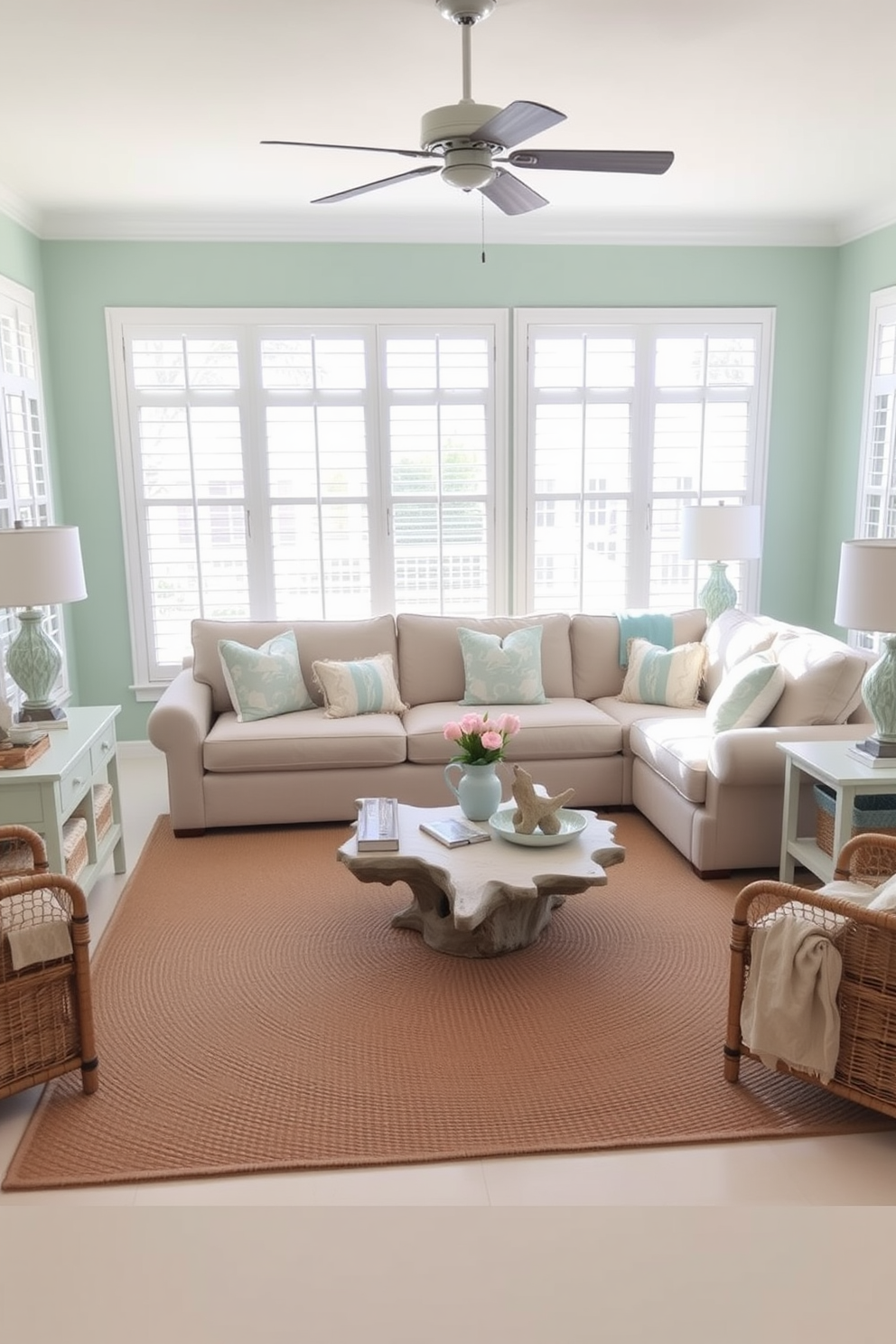 A bright and airy Florida living room featuring a coastal color palette with soft blues and sandy beige tones. Large windows allow natural light to flood the space, highlighting the comfortable sectional sofa adorned with ocean-themed throw pillows. The walls are painted in a light seafoam green, creating a tranquil atmosphere. A woven jute rug anchors the seating area, complemented by a driftwood coffee table and coastal-inspired decor accents throughout the room.