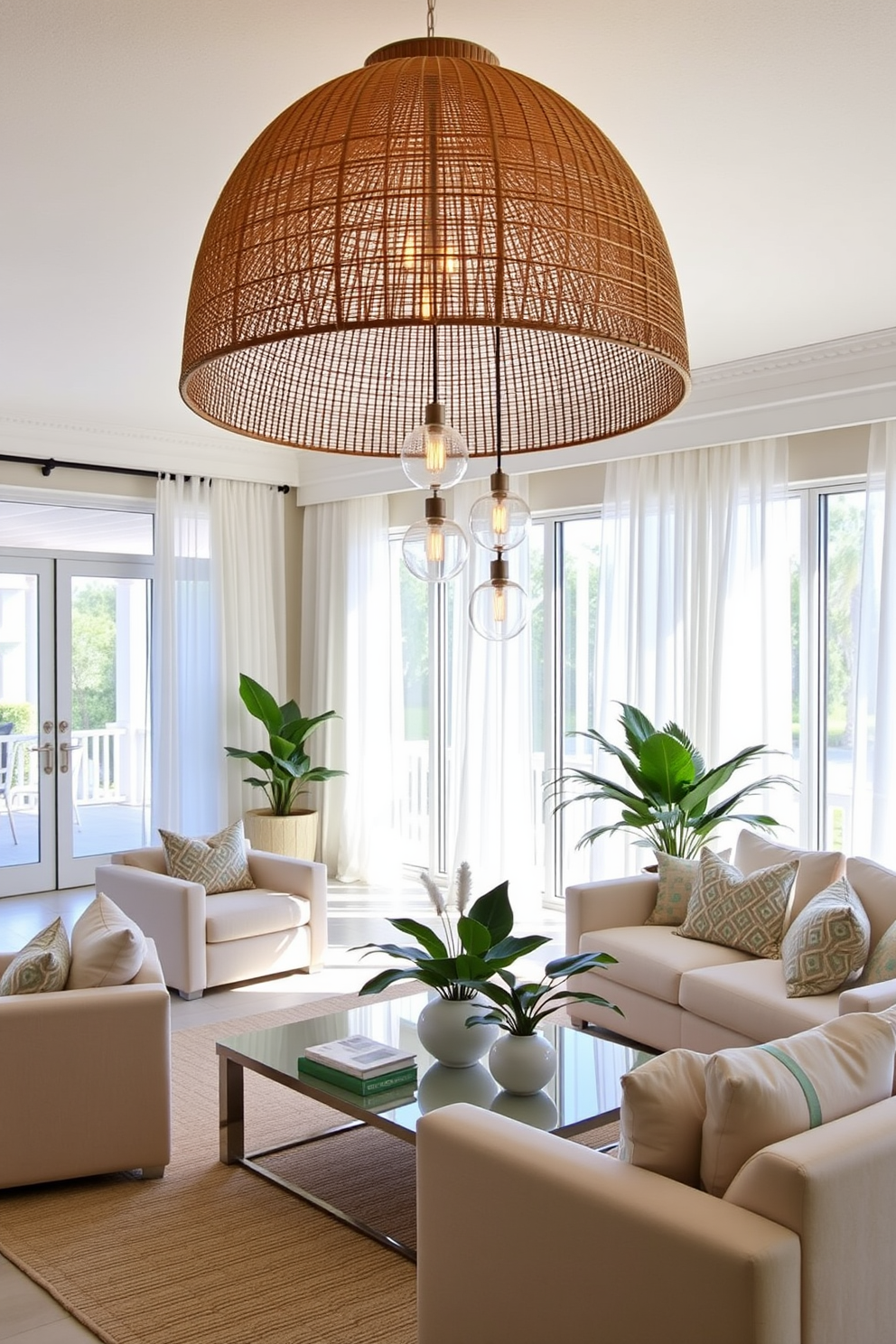 A bright and airy Florida living room features statement lighting fixtures that draw the eye and enhance the overall aesthetic. The room is adorned with a large, modern chandelier made of woven rattan, complemented by sleek pendant lights over the coffee table. Natural light floods the space through floor-to-ceiling windows dressed in sheer white curtains. The color palette consists of soft blues and sandy neutrals, with tropical plants adding a touch of greenery to the decor.