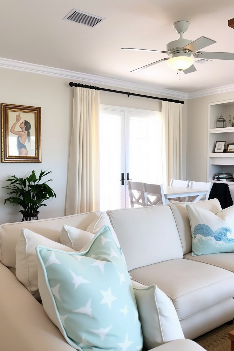 A cozy Florida living room adorned with beach-inspired throw pillows in soft pastel colors. The pillows feature patterns of seashells and ocean waves, complementing the light, airy atmosphere of the space.