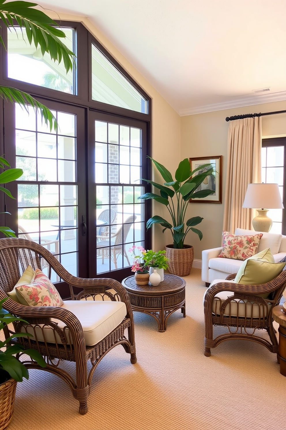 A cozy Florida living room featuring wicker chairs that invite relaxation and comfort. The space is adorned with bright, tropical accents and large windows that let in ample natural light.