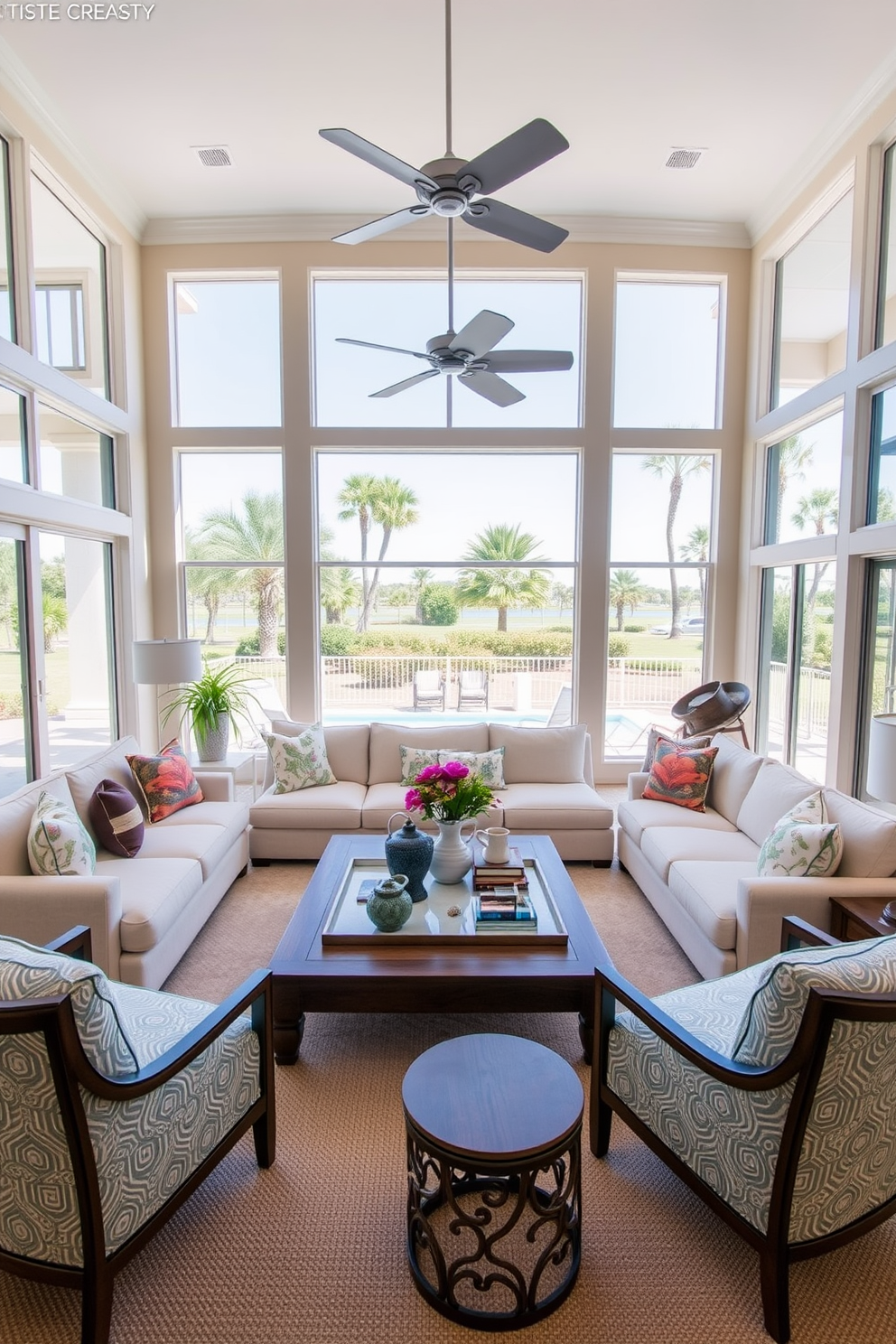 A spacious Florida living room features large windows that invite abundant natural light, creating an airy and bright atmosphere. The room is adorned with tropical-inspired decor, including vibrant cushions and a light-colored sectional sofa that complements the coastal theme. A wooden coffee table sits at the center, surrounded by stylish accent chairs. The walls are painted in a soft pastel hue, enhancing the room's relaxed and inviting feel.