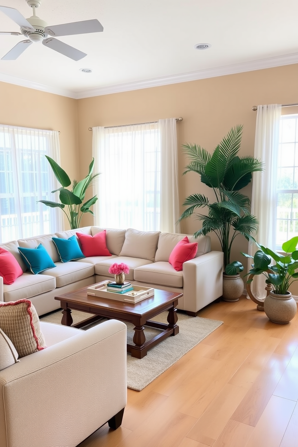 A Florida living room with sandy beige walls creating a warm and inviting backdrop. The space features large windows with sheer white curtains allowing natural light to fill the room. A plush sectional sofa in a light cream color is complemented by colorful accent pillows in shades of turquoise and coral. A wooden coffee table sits at the center, adorned with a stylish tray and a few decorative books. Tropical plants in ceramic pots are strategically placed around the room, adding a touch of greenery. The flooring consists of light hardwood, enhancing the airy feel of the space.