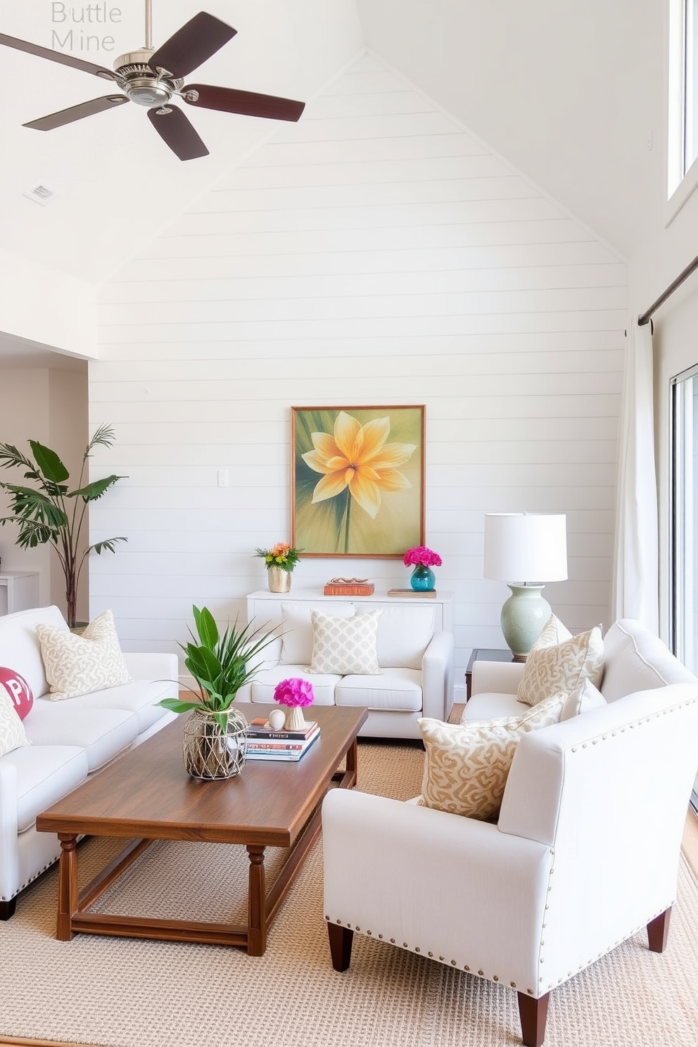 A bright and airy Florida living room featuring an accent wall adorned with shiplap for added texture. The room is filled with natural light, showcasing comfortable seating in light-colored fabrics and vibrant tropical decor elements.