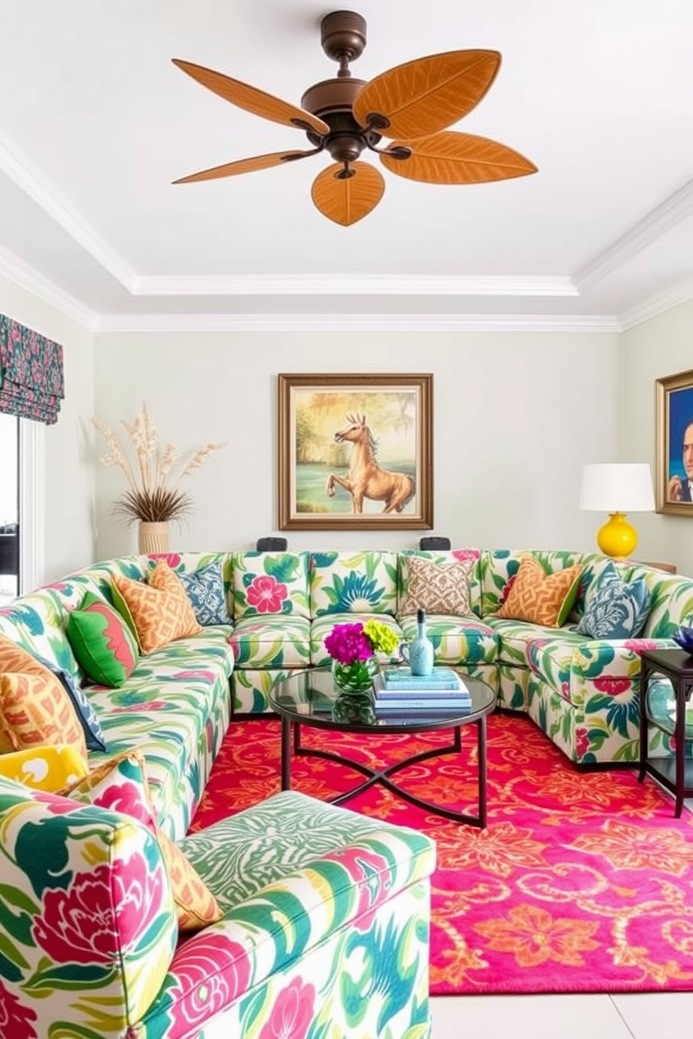 A vibrant Florida living room filled with bold patterned fabrics that add a lively touch. The space features a large sectional sofa upholstered in a tropical print, complemented by colorful throw pillows and a bright area rug.