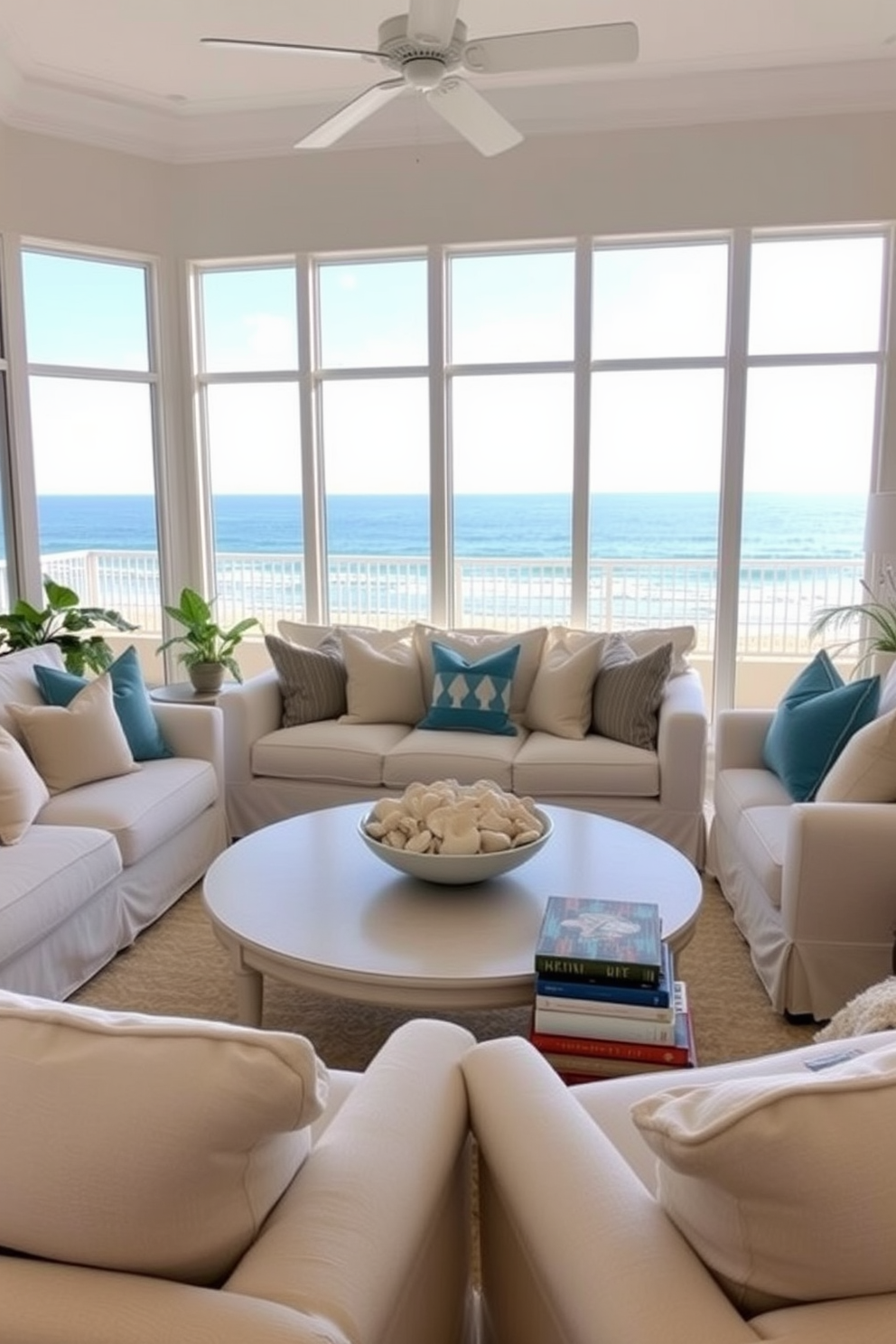 A serene Florida living room features a cozy seating area with plush, oversized sofas facing large windows that showcase an expansive ocean view. Soft, neutral tones dominate the decor, complemented by vibrant ocean-inspired accents such as throw pillows in shades of blue and sandy beige. A large, round coffee table sits at the center, adorned with a decorative bowl filled with seashells and a few carefully chosen coastal-themed books. Potted plants in the corners add a touch of greenery, enhancing the relaxed, beachy atmosphere of the space.