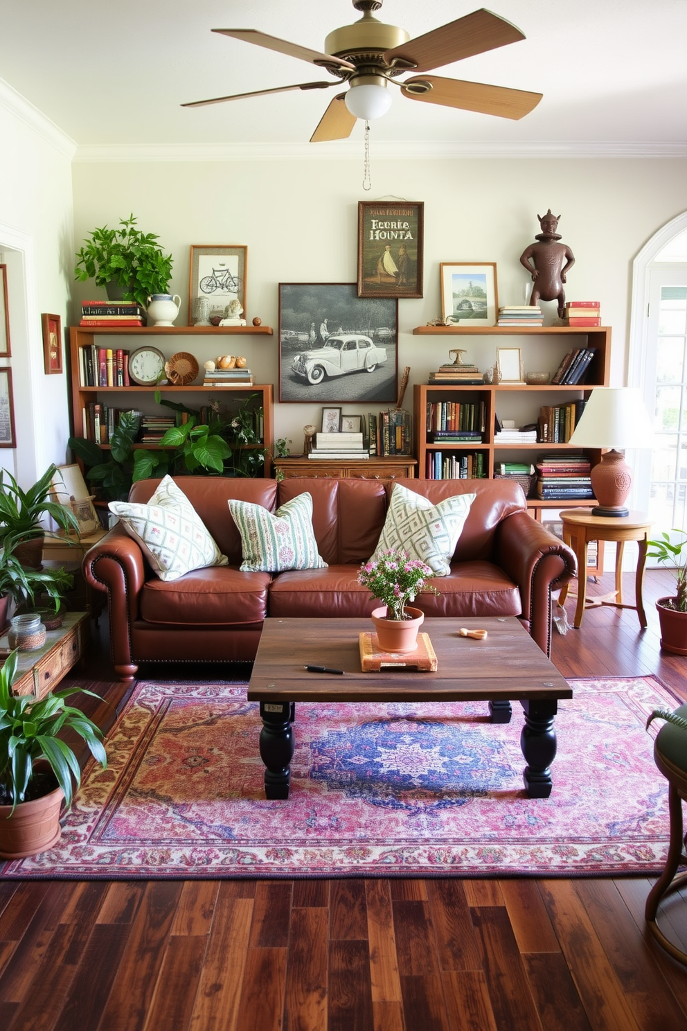 A cozy Florida living room filled with vintage finds that showcase unique character. The space features a distressed leather sofa paired with a reclaimed wood coffee table and an eclectic mix of patterned throw pillows. Antique bookshelves line the walls, showcasing a collection of vintage books and quirky decor items. A large vintage rug anchors the seating area, while potted plants add a touch of greenery and warmth to the room.