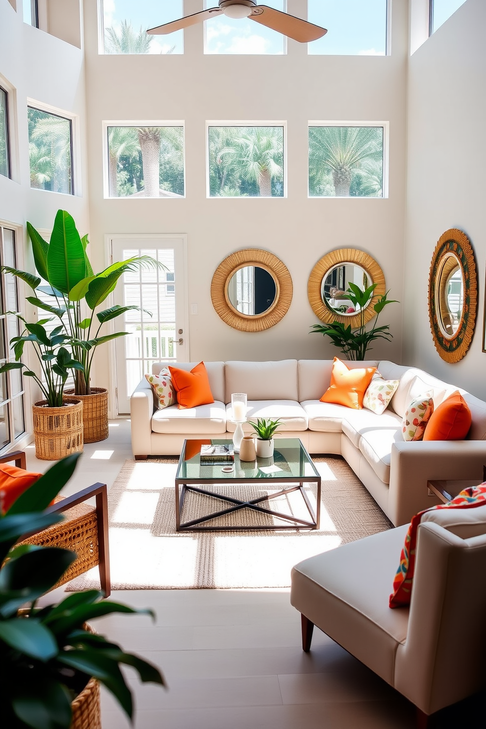 A bright and airy Florida living room features large windows that let in natural light, creating a warm and inviting atmosphere. The space is adorned with tropical-inspired decor, including vibrant throw pillows and a light-colored sectional sofa that encourages relaxation. In the center of the room, a stylish coffee table sits atop a soft area rug, while a pair of decorative mirrors on the wall enhance the sense of openness. Lush indoor plants are strategically placed around the room, adding a touch of nature and complementing the coastal color palette.