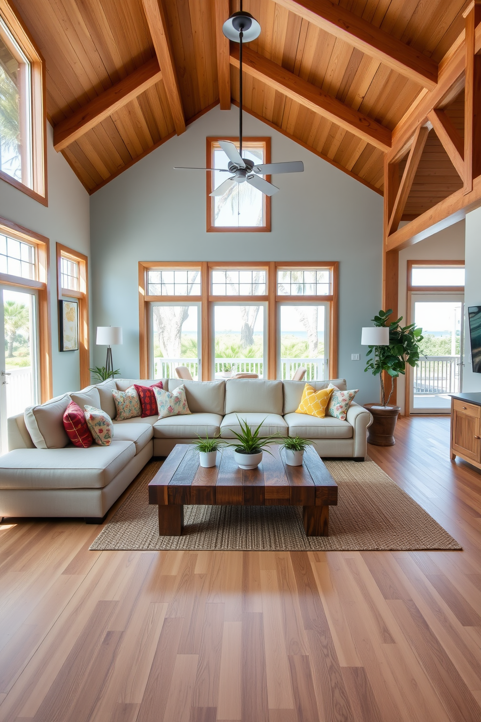 A bright and airy Florida living room features natural wood accents that bring warmth and a sense of comfort to the space. Large windows allow abundant natural light to flood in, highlighting the soft neutral tones of the furniture and the rich textures of the wooden elements. The seating area includes a plush sectional couch adorned with colorful throw pillows that evoke the vibrant hues of the Florida landscape. A rustic coffee table made of reclaimed wood sits at the center, surrounded by tropical plants that add a refreshing touch to the overall design.