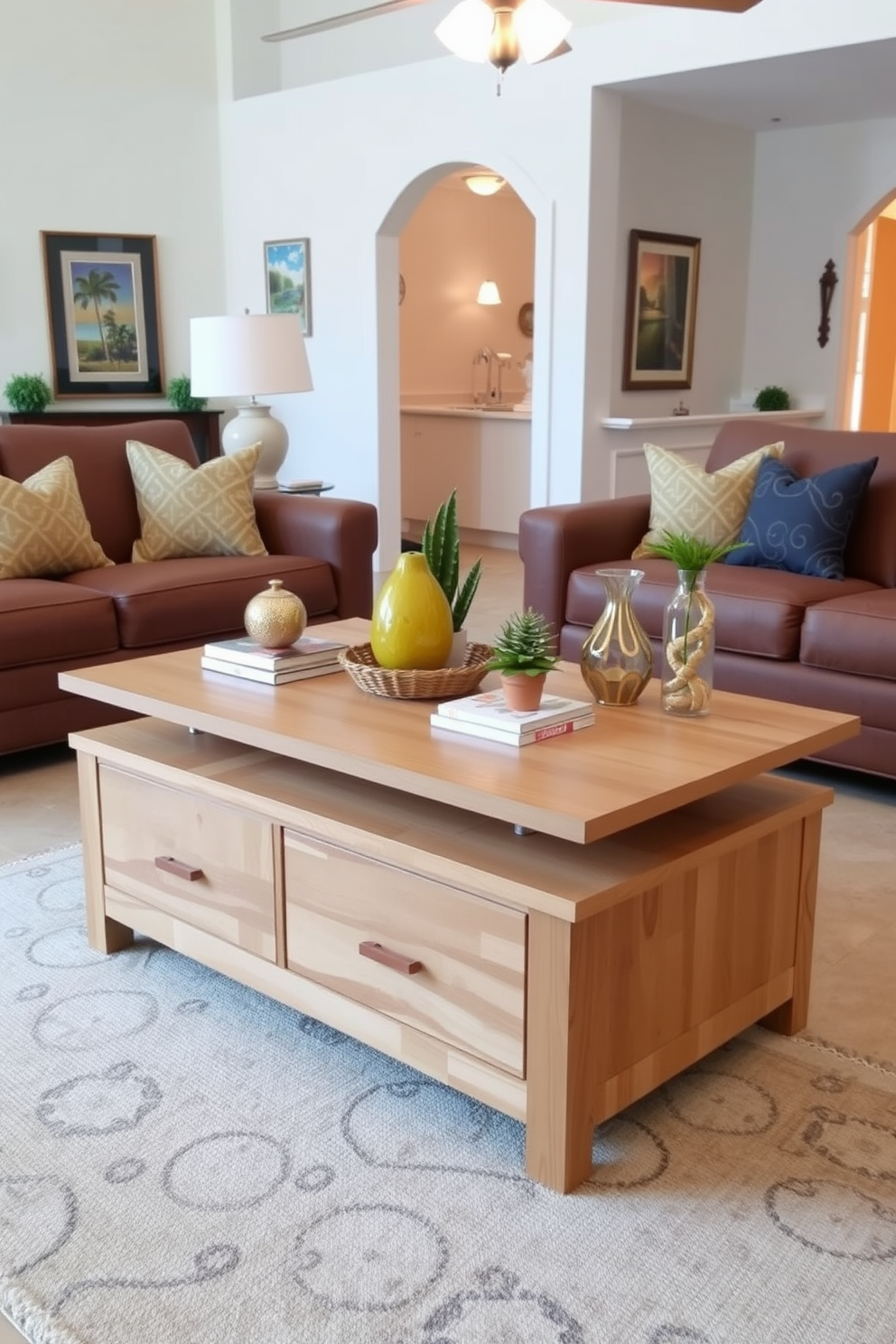 A bright and airy Florida living room features wall-mounted shelves adorned with vibrant tropical decor and framed artwork. The space is filled with natural light, highlighting a comfortable sectional sofa in light beige, paired with colorful throw pillows and a large indoor plant in the corner.