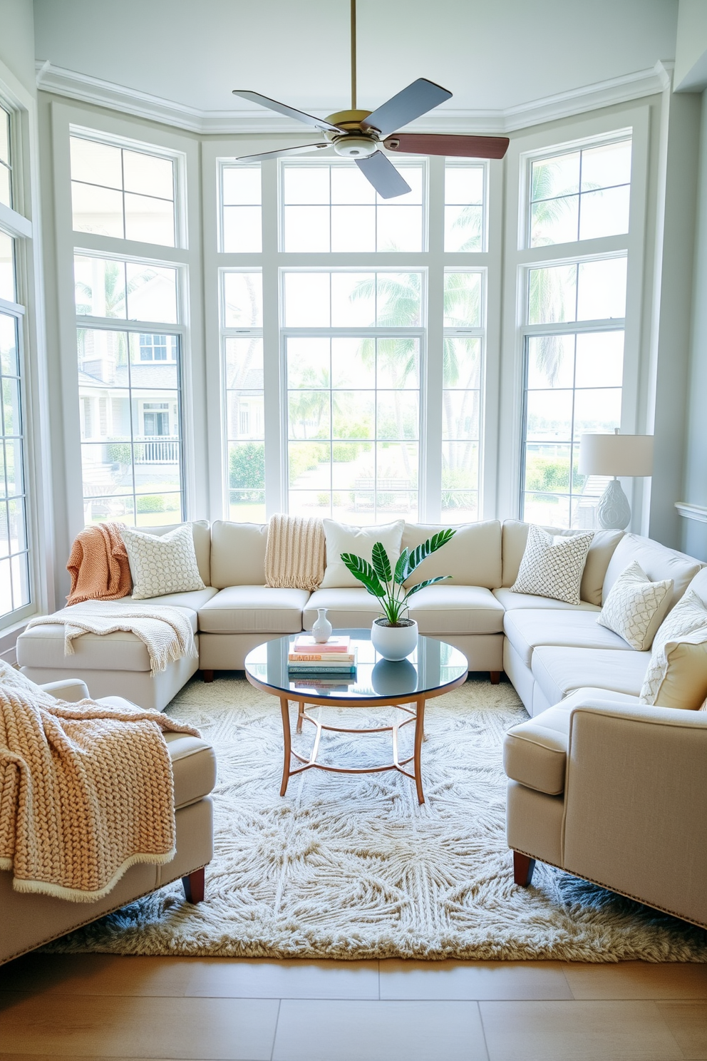 A serene Florida living room featuring ocean-inspired color gradients. The walls are painted in soft shades of aqua and seafoam green, complemented by a plush white sectional sofa adorned with coral and navy blue accent pillows. Natural light floods the space through large windows, showcasing views of palm trees swaying outside. A driftwood coffee table sits atop a sandy beige area rug, surrounded by coastal-themed decor and tropical plants.