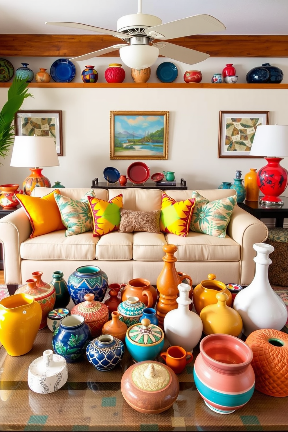 A vibrant Florida living room filled with colorful ceramic accessories. The space features a large, comfortable sofa adorned with bright throw pillows, complemented by a coffee table showcasing an array of unique ceramic pieces in various shapes and sizes.