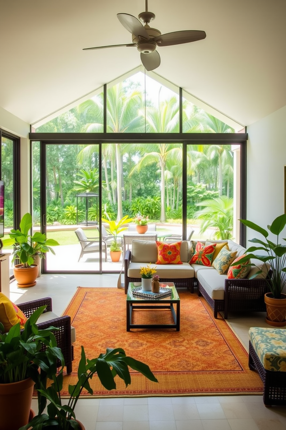 A bright and airy Florida living room that seamlessly blends indoor and outdoor spaces. Large sliding glass doors open to a lush patio, inviting natural light and views of the surrounding greenery. The interior features a comfortable sectional sofa adorned with colorful tropical cushions. A large area rug anchors the seating area, while potted plants add a touch of nature indoors.