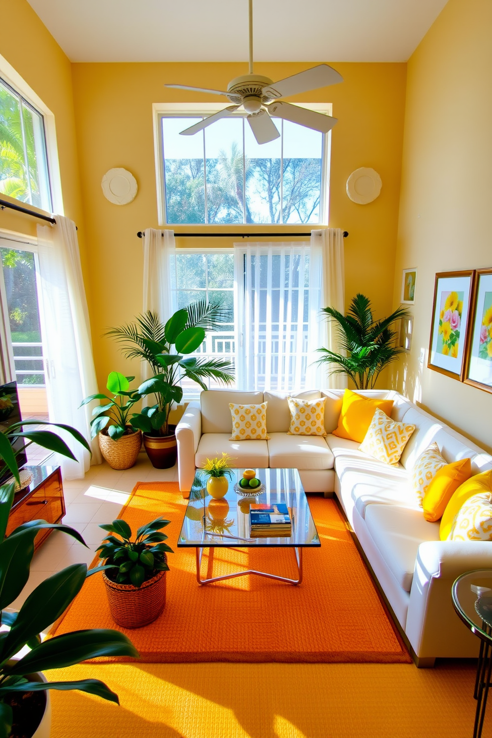 A bright and airy Florida living room filled with sunshine yellow accents to create a cheerful and inviting atmosphere. The room features a comfortable sectional sofa adorned with vibrant yellow and white cushions, complemented by a glass coffee table and tropical plants strategically placed around the space. Large windows allow natural light to flood in, showcasing sheer white curtains that gently flutter with the breeze. The walls are painted in a soft beige tone, enhancing the warmth of the yellow accents and providing a perfect backdrop for colorful artwork.