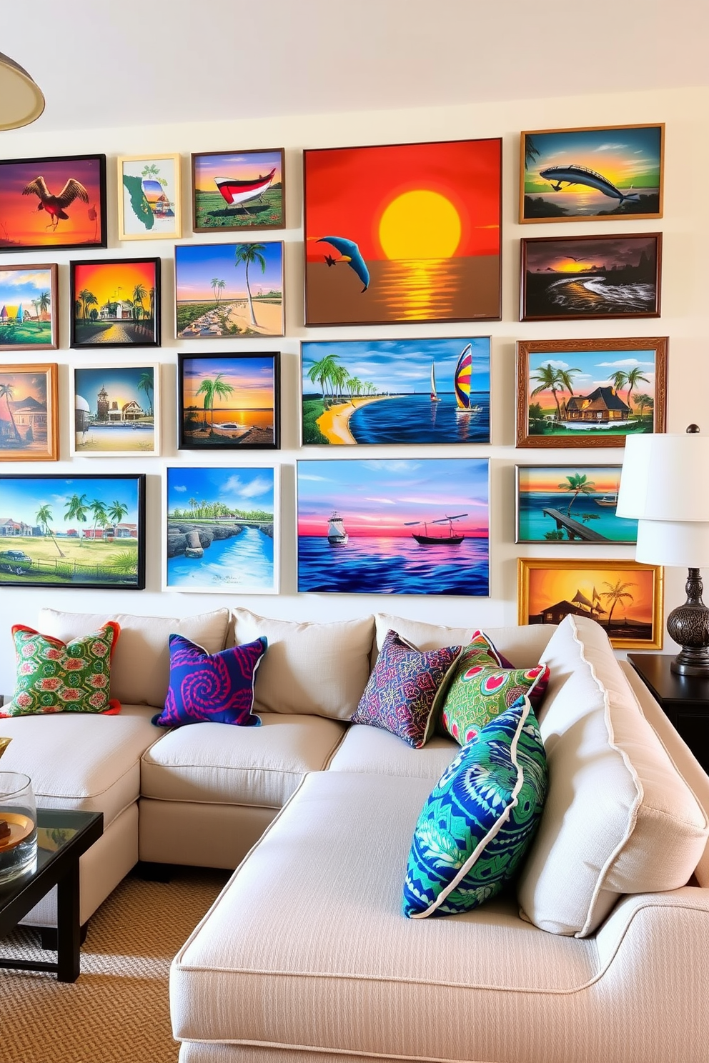 A vibrant gallery wall filled with local art pieces that reflect the essence of Florida's culture and landscape. The living room features a comfortable sectional sofa in a light neutral fabric, accented with colorful throw pillows that complement the artwork.