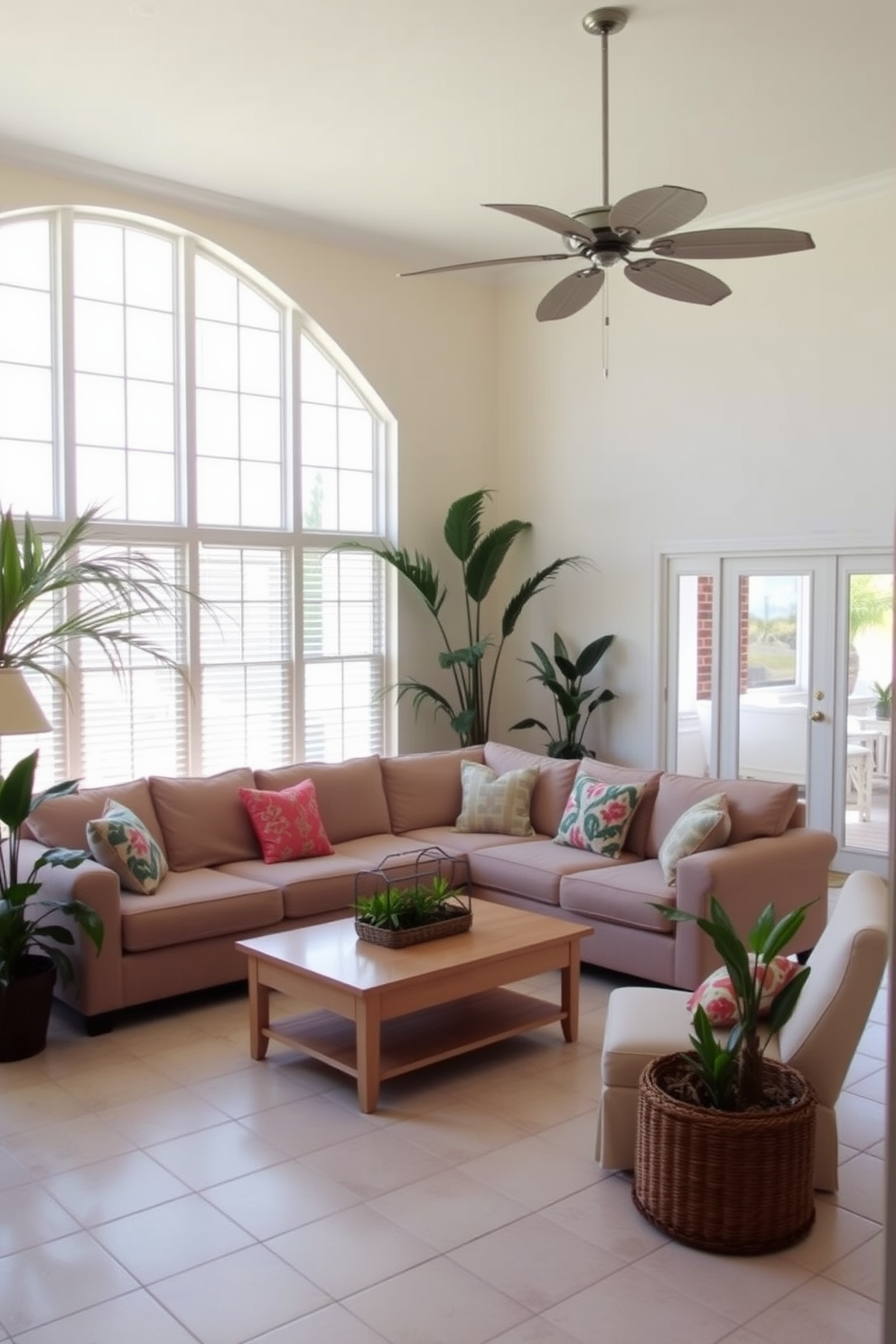 A bright and airy Florida living room filled with natural light. Large floor-to-ceiling windows draped with sheer white curtains allow sunlight to flood the space, creating an inviting atmosphere. The room features a plush sectional sofa in a soft pastel color, accented with vibrant throw pillows. A sleek glass coffee table sits on a light-colored area rug, while tropical plants in stylish pots add a touch of greenery. On the walls, decorative mirrors are strategically placed to enhance light reflection and create a sense of spaciousness. The overall design embraces a relaxed coastal vibe, with light wood accents and nautical-inspired decor elements.