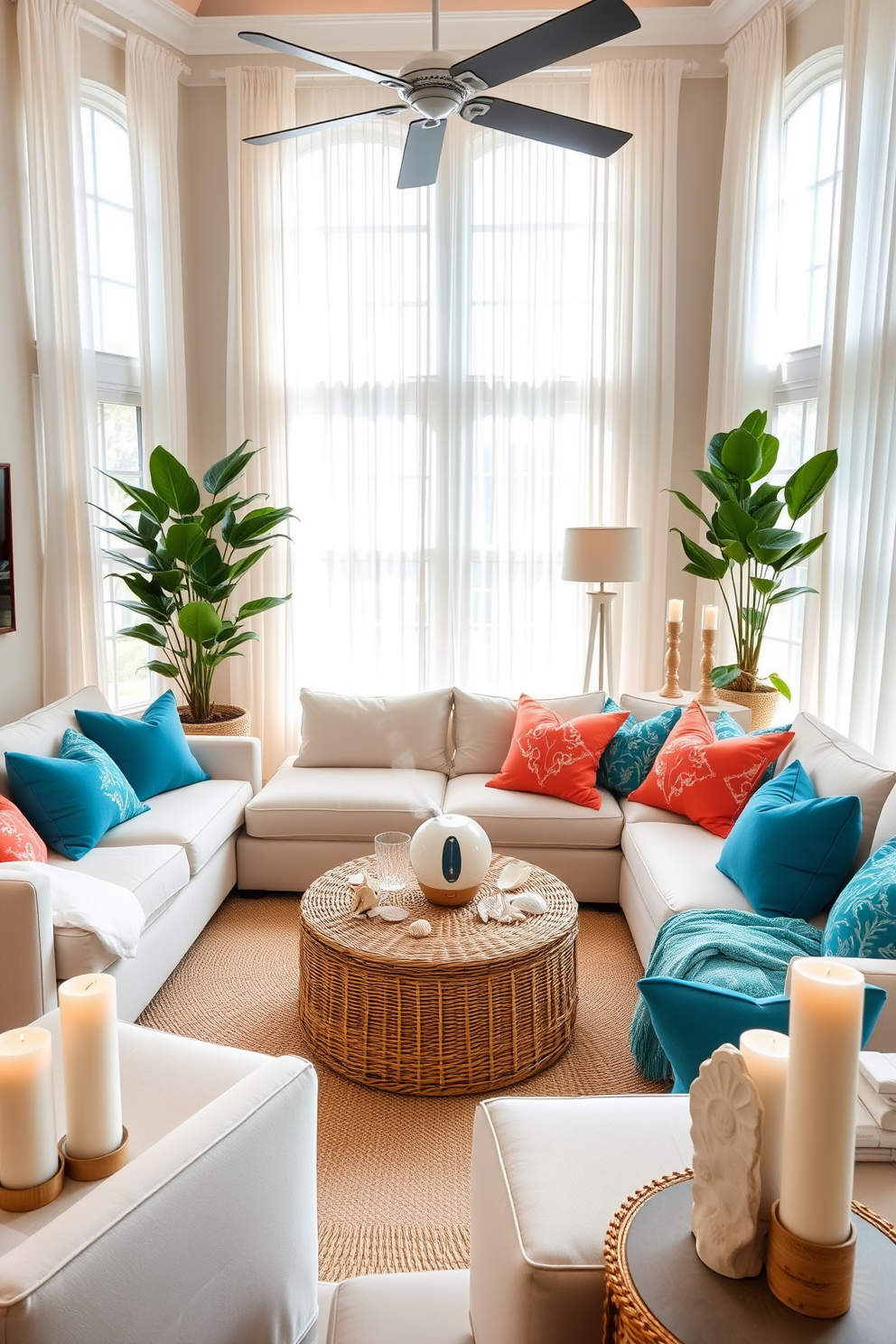 A cozy Florida living room features artisan pottery displayed prominently on a rustic wooden shelf, adding handcrafted charm to the space. The room is bathed in natural light from large windows, with soft, neutral furnishings that create a welcoming atmosphere.