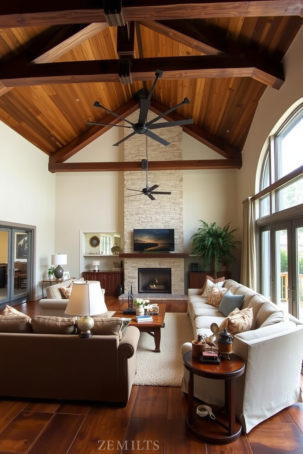 A cozy Florida living room featuring rustic wooden beams that add architectural interest to the space. The room is adorned with comfortable, oversized furniture and large windows that invite natural light, creating a warm and inviting atmosphere.