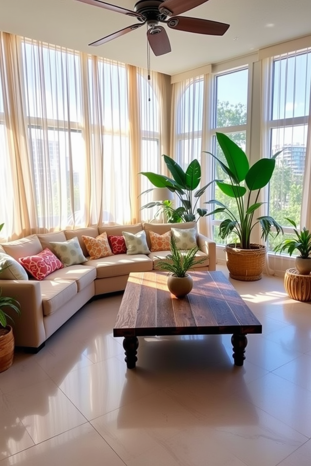 A bright and airy Florida living room with sheer curtains that flutter gently in the breeze. The space features a comfortable sectional sofa adorned with colorful throw pillows, and a large coffee table made of reclaimed wood sits in the center. Large windows allow natural light to flood the room, creating a warm and inviting atmosphere. Tropical plants are strategically placed around the room, enhancing the relaxed, coastal vibe.