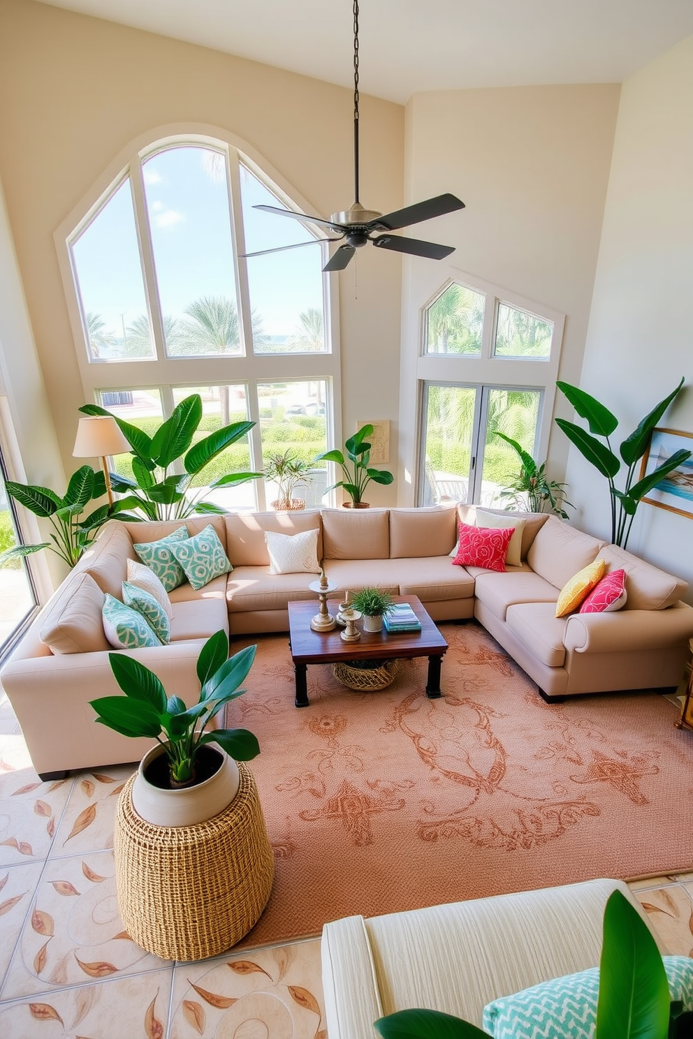 A cozy Florida living room featuring a spacious sectional sofa arranged around a large coffee table. The room is filled with natural light from large windows, and soft pastel colors create a welcoming atmosphere. Tropical plants are strategically placed throughout the space, adding a touch of nature. The walls are adorned with beach-themed artwork, enhancing the relaxed vibe of the room.