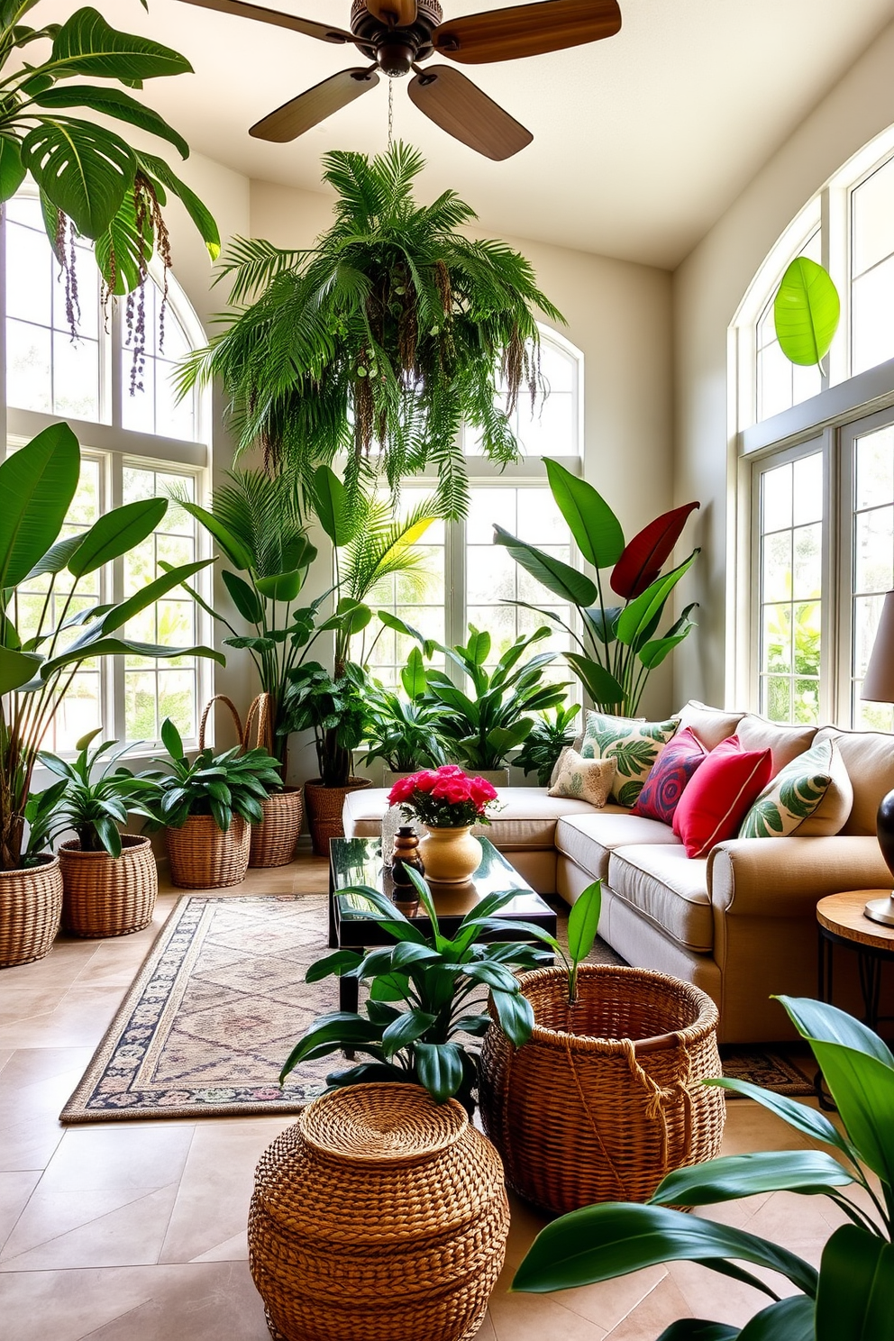 A bright and airy Florida living room is adorned with a variety of tropical plants that bring a touch of the outdoors inside. The space features large windows that allow natural light to flood in, highlighting the vibrant greens of the foliage. The furniture is arranged for comfort and relaxation, with a plush sectional sofa and a stylish coffee table at the center. Accent pillows in bold colors complement the tropical theme, while woven baskets add texture and warmth to the decor.