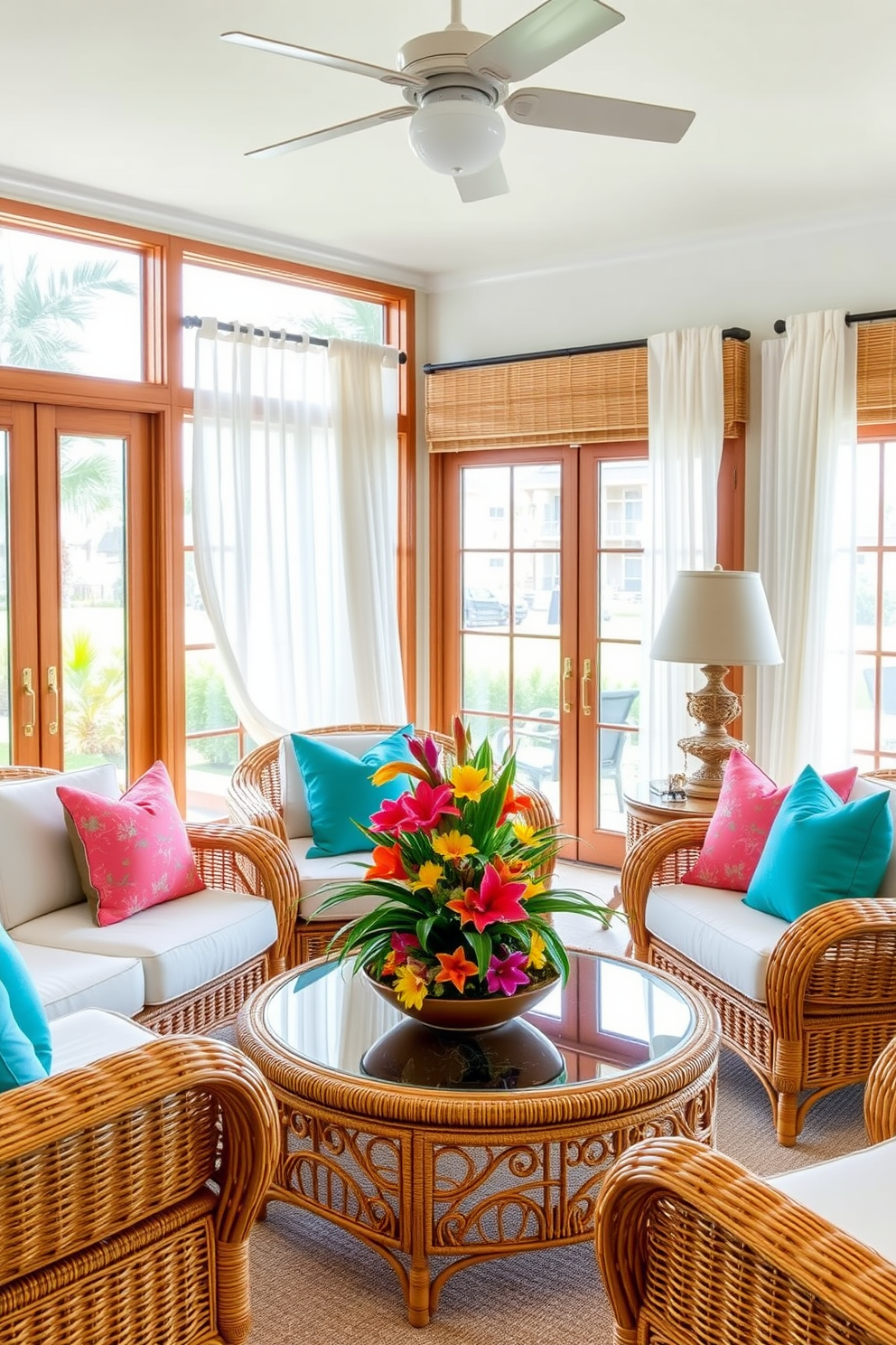 A bright and airy Florida living room features rattan furniture that exudes a casual vibe. The space is adorned with large windows allowing natural light to flood in, complemented by soft white curtains that flutter gently in the breeze. A cozy rattan sofa is paired with a matching coffee table, adorned with a colorful centerpiece of tropical flowers. The room is further enhanced by vibrant throw pillows in shades of turquoise and coral, bringing a cheerful pop of color to the relaxed atmosphere.