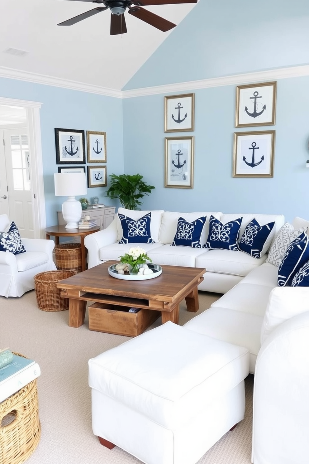 A bright and airy Florida living room featuring nautical decor elements. The walls are painted in a soft blue hue, adorned with framed artwork of anchors and seashells. The furniture includes a large white sectional sofa with navy blue accent pillows. A rustic coffee table made of reclaimed wood sits in the center, surrounded by woven baskets for storage.