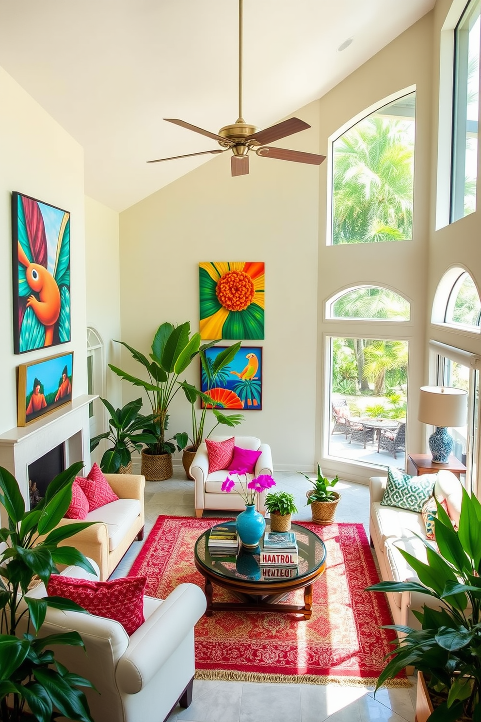 Bright artwork adorns the walls of a spacious Florida living room, infusing the space with vibrant colors and energy. The room features large windows that allow natural light to flood in, highlighting the cheerful decor and tropical plants.