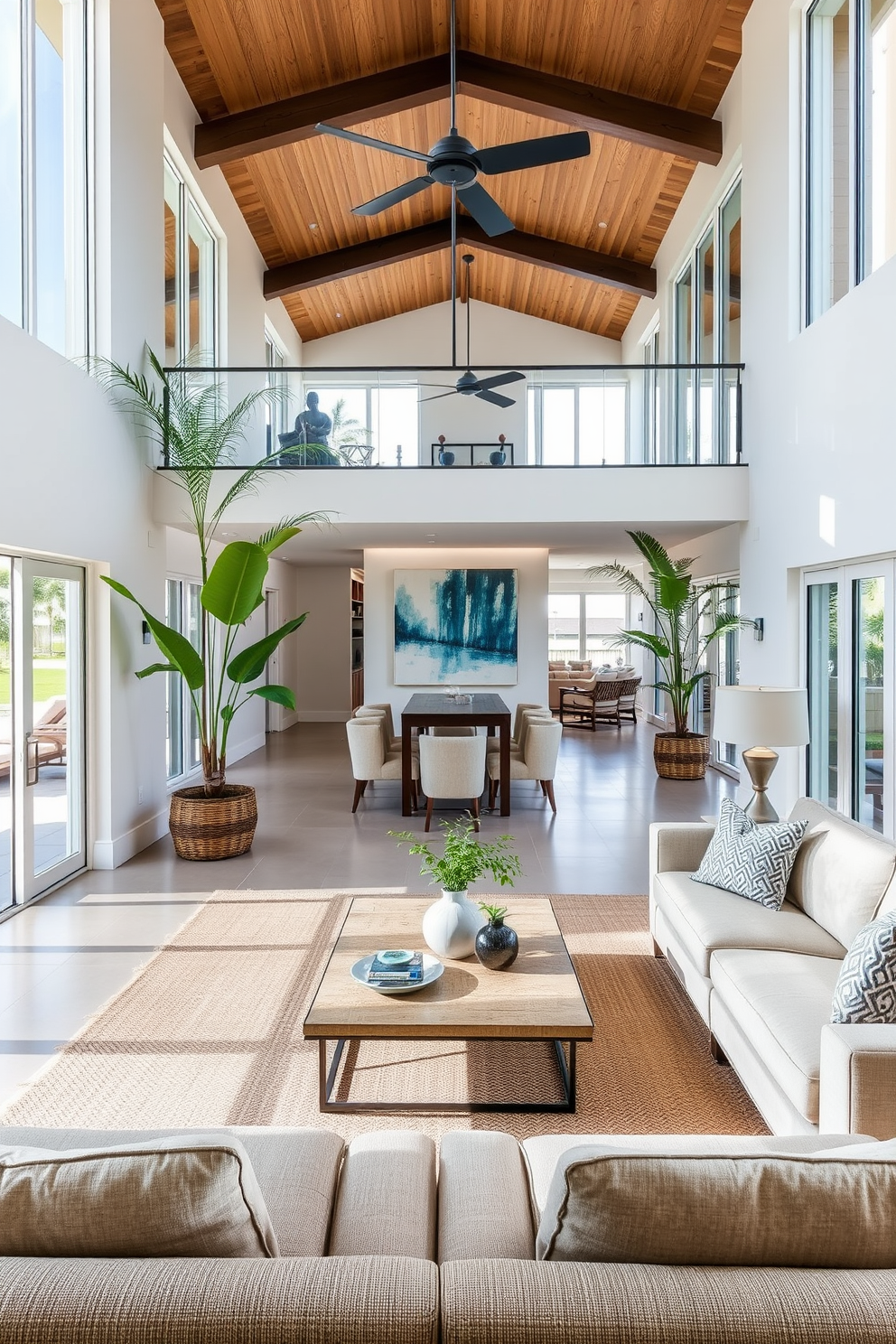 Open floor plan design that emphasizes a spacious and airy feel. The living room features large windows allowing natural light to flood the space, with a neutral color palette and comfortable seating arrangements. Incorporate tropical plants and textured fabrics to enhance the Florida vibe. A stylish coffee table and a statement piece of art complete the inviting atmosphere, creating a perfect space for relaxation and entertainment.