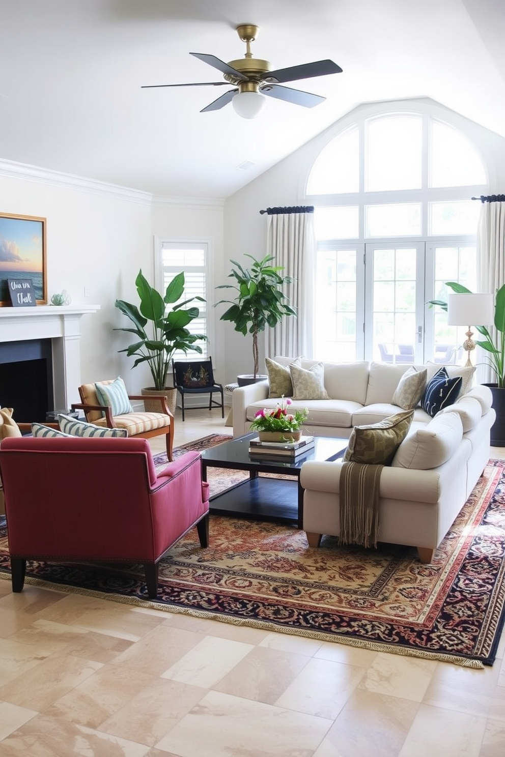 A cozy Florida living room features layered rugs in various textures and colors to enhance comfort and style. The space is filled with natural light, showcasing a blend of contemporary furniture and tropical accents.