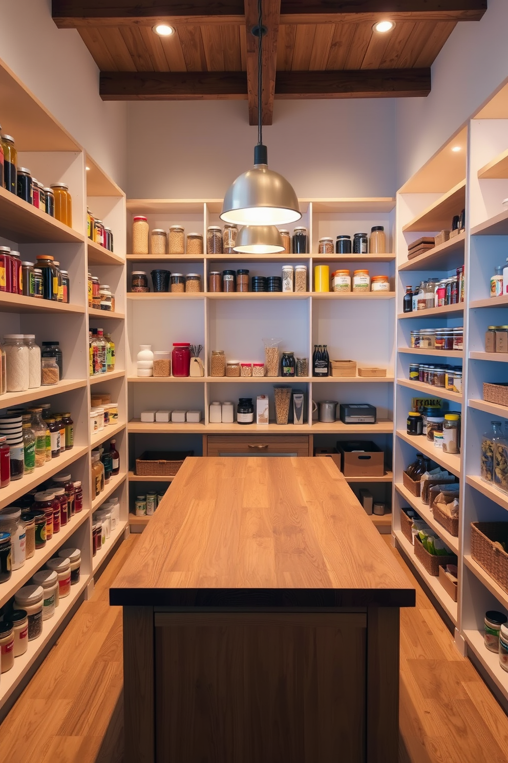 A modern food pantry featuring open shelving for easy access to ingredients and kitchen essentials. The shelves are made of sleek wood, showcasing neatly organized jars, baskets, and cookbooks, all bathed in warm, natural light from a nearby window.