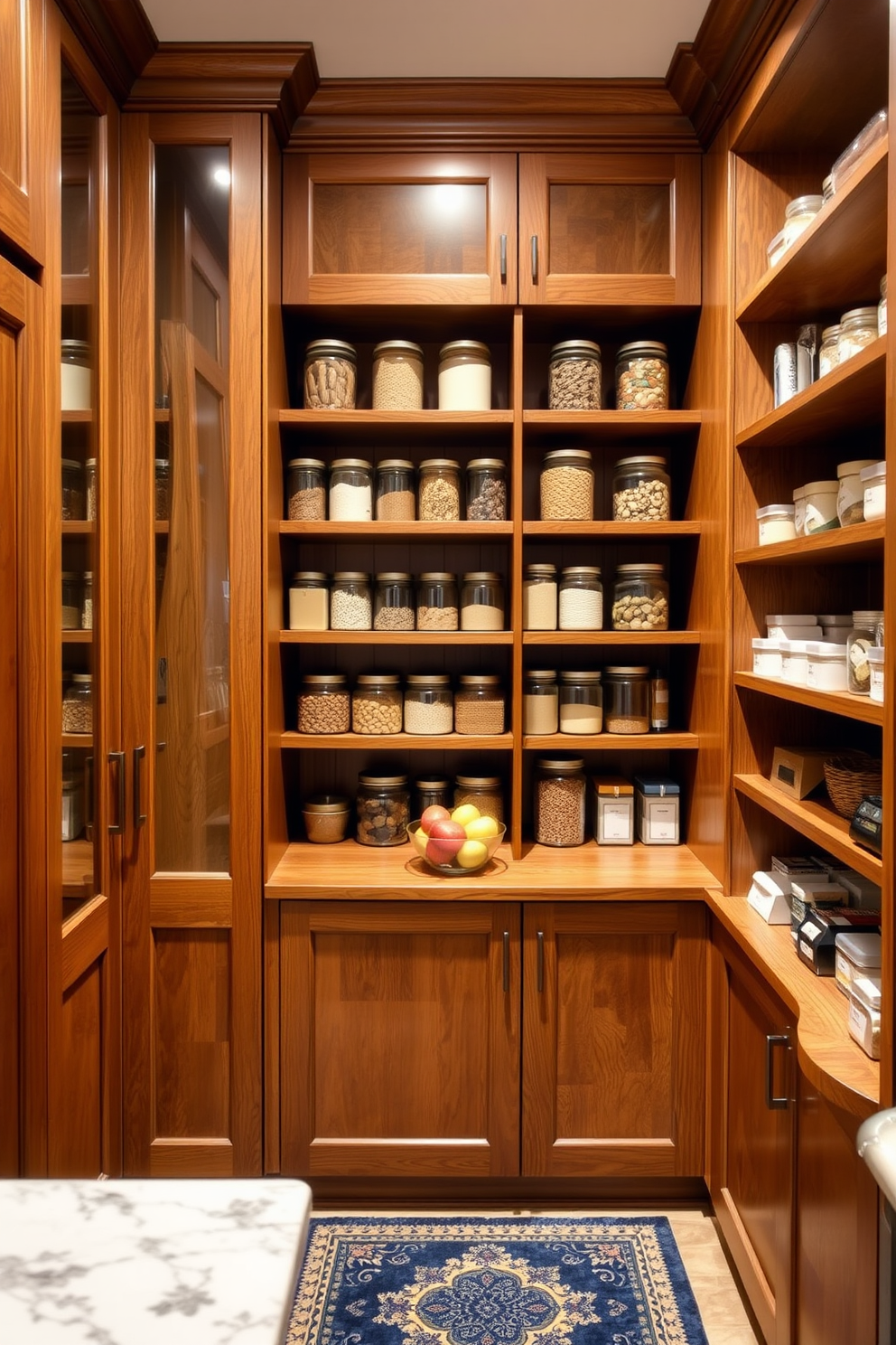 A spacious built-in pantry featuring custom cabinetry crafted from rich oak wood. The shelves are neatly organized with glass jars holding various dry goods, while a small countertop area is adorned with a stylish fruit bowl.