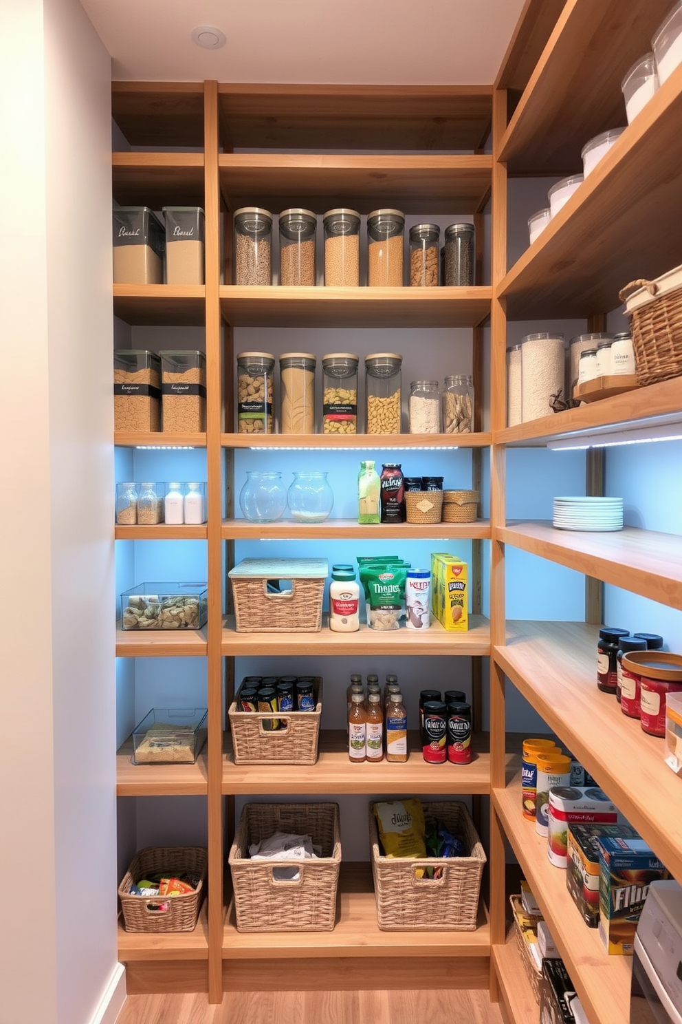 A multi-tiered shelving unit stretches from floor to ceiling, designed to maximize vertical space in the pantry. Each shelf is crafted from natural wood, showcasing a rustic charm while providing ample storage for various food items. The shelves are organized with clear containers for grains and pasta, and decorative baskets for snacks and canned goods. Soft LED lighting illuminates the shelves, creating an inviting atmosphere and making it easy to find ingredients.