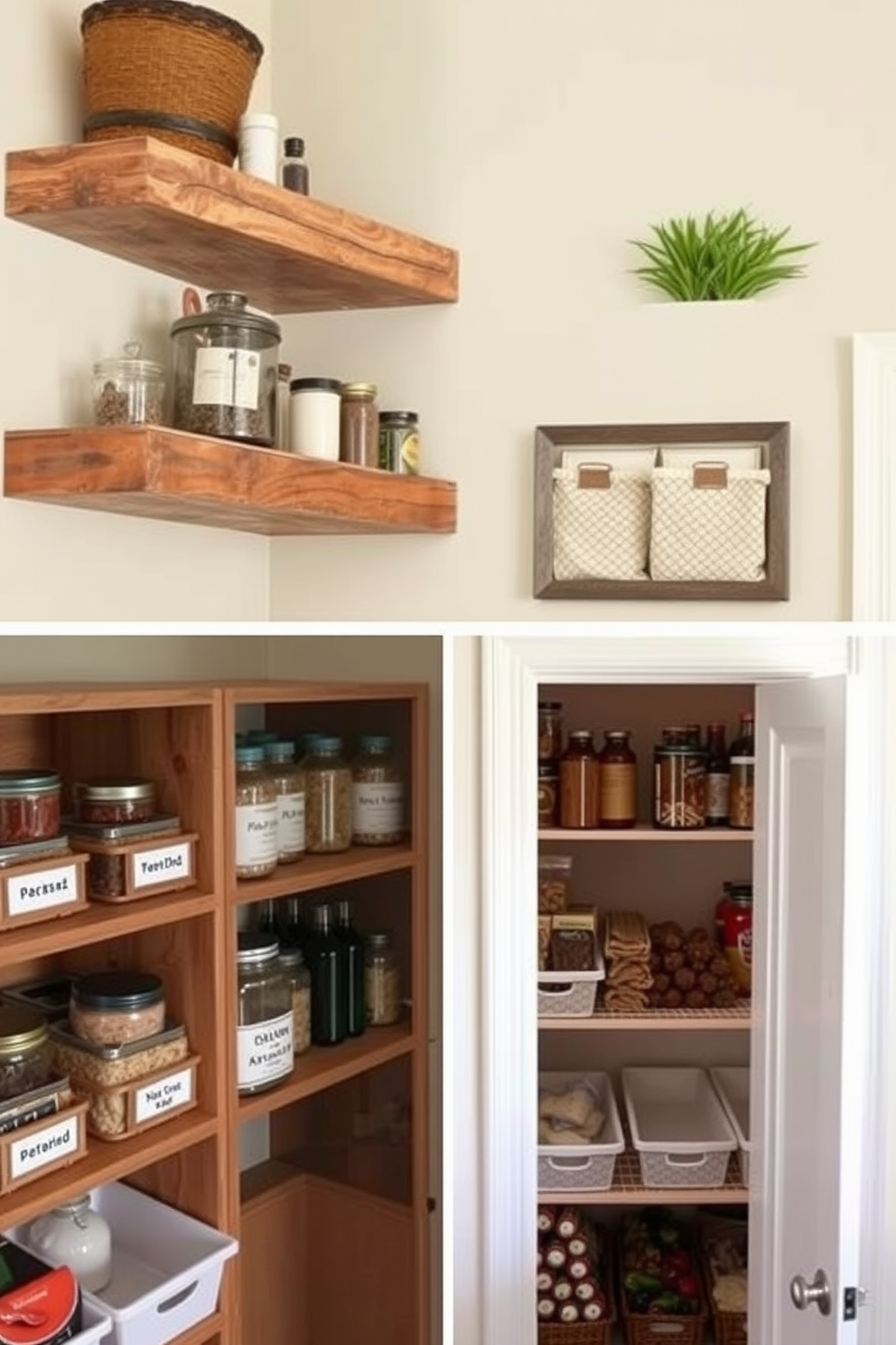 Corner shelves to utilize awkward spaces. The shelves are crafted from reclaimed wood, featuring a rustic finish that complements the surrounding decor. Food pantry design ideas. The pantry has a combination of open shelving and closed cabinetry, with labeled bins and jars for organized storage and easy access.