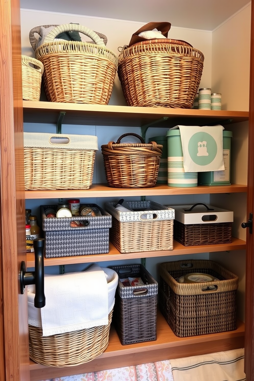 A modern food pantry featuring wire baskets for breathable storage. The walls are painted in a soft white color, and the shelves are made of natural wood, creating a warm and inviting atmosphere.