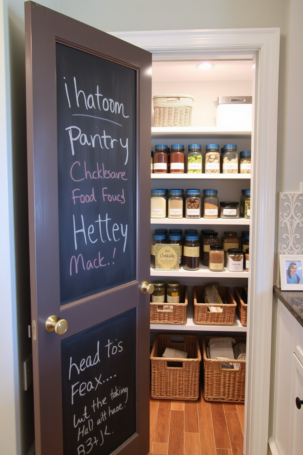 A stylish pantry door features a chalkboard surface for easy note-taking and meal planning. Inside, shelves are neatly organized with labeled jars and baskets, creating a functional and visually appealing food pantry.