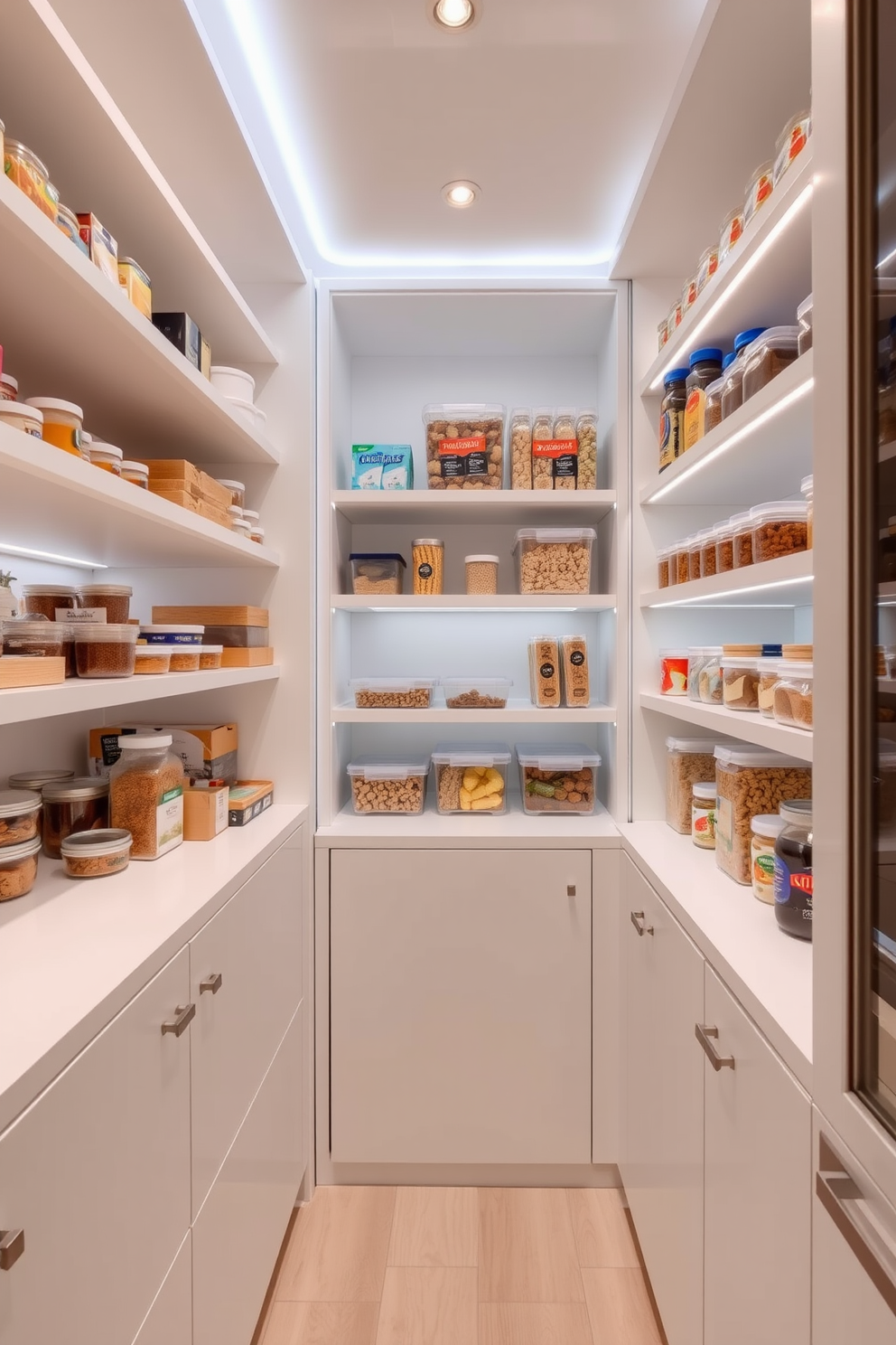 A well-organized food pantry with integrated lighting that enhances visibility and accessibility. The shelves are lined with clear containers for easy identification of ingredients and a small countertop area for meal prep.