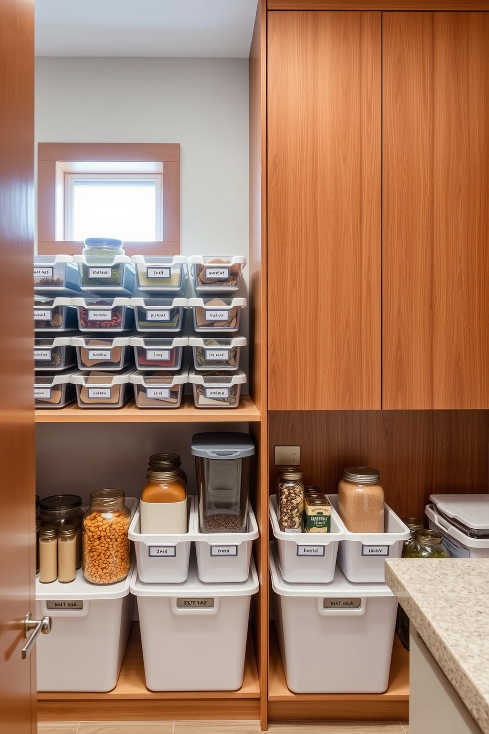 A modern food pantry featuring stackable bins for flexible storage. The bins are arranged neatly on open shelves, with clear labels for easy identification of contents. Warm wood cabinetry lines the walls, providing a cozy backdrop to the organized space. Natural light filters in through a small window, illuminating the neatly arranged jars and containers.