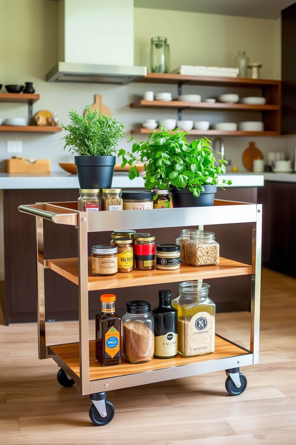 A stylish rolling cart serves as a mobile pantry solution, featuring sleek wooden shelves and a brushed metal frame. The cart is adorned with neatly organized jars of spices, oils, and grains, offering both functionality and aesthetic appeal. The backdrop showcases a modern kitchen with open shelving and a warm color palette. A small potted herb garden sits atop the cart, adding a touch of greenery and freshness to the space.